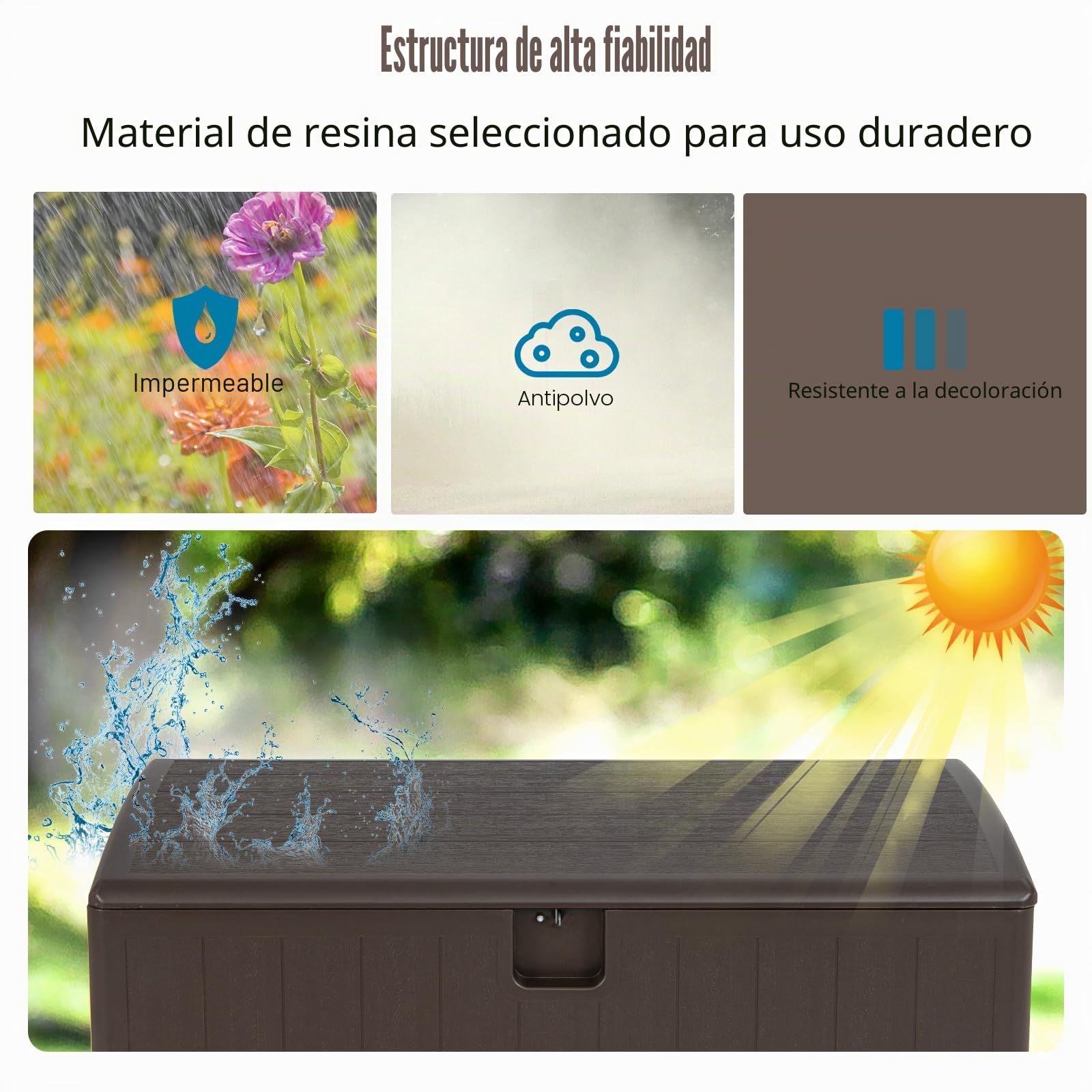 HOMASIS Arcón jardín exterior con 400 litros de capacidad, Caja de jardín impermeable, Caja para cojines con cerradura, Baúl de almacenamiento para herramientas de jardín, 127,5x64x64cm, Marrón