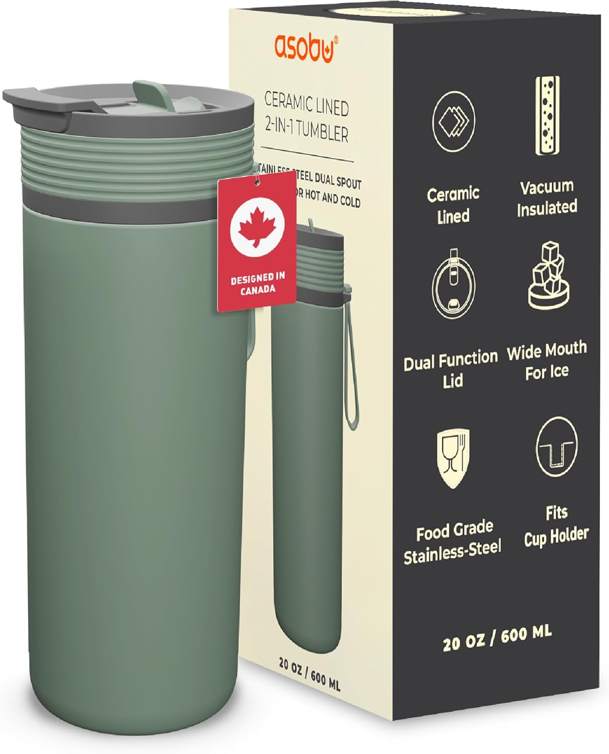 Asobu 20oz Ceramic Lined Insulated Water Bottle for Hot and Cold Drinks with 2-in-1 lid - Durable Travel Bottle with Leak-Proof Lid, Double-Wall Stainless Steel, Keeps Flavors True