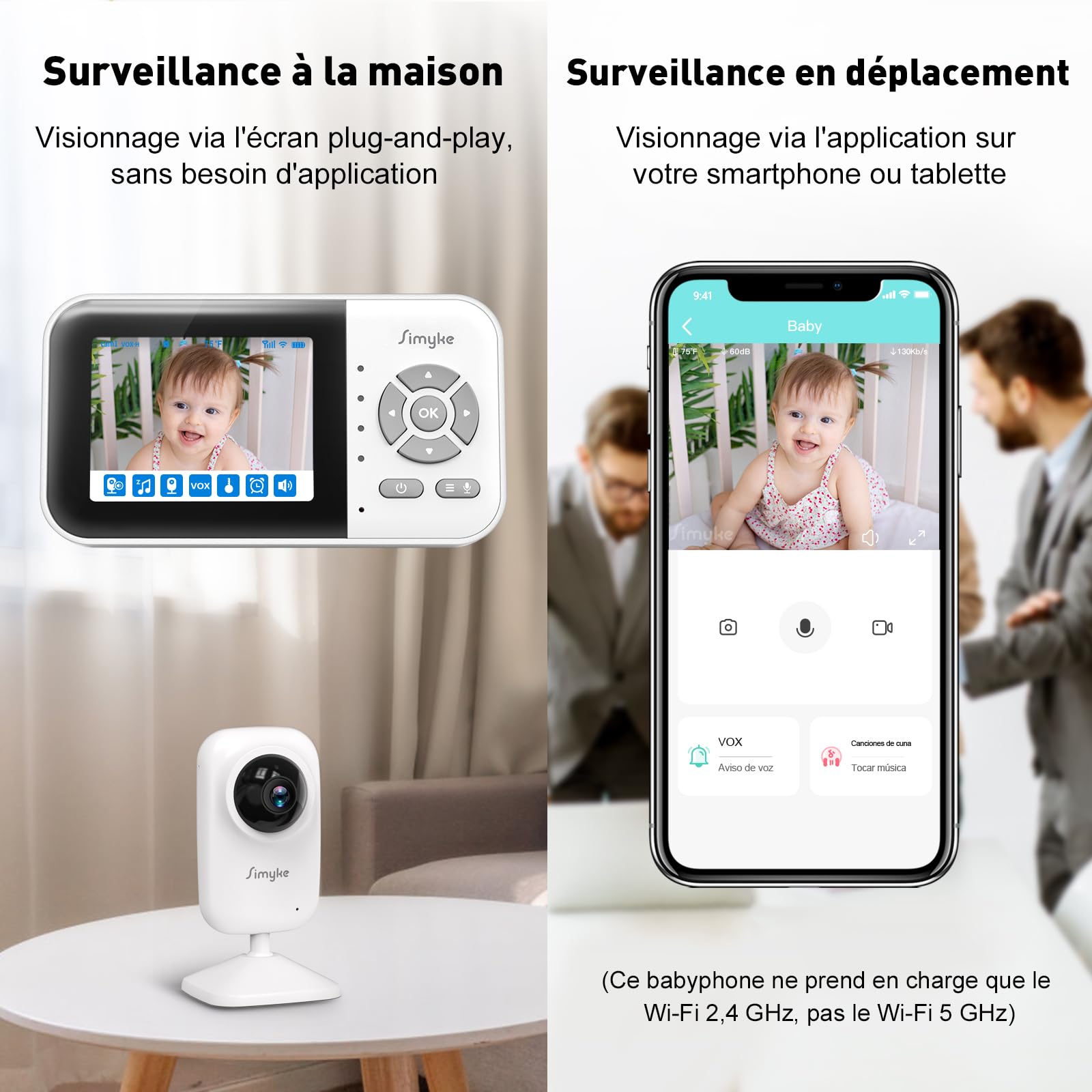 Simyke Babyphone 2 Caméras, écran IPS sans Fil Direct, Connexion APP WiFi 2,4G, Vision Nocturne Automatique, Batterie 2500mAh, Mode VOX, Appel bidirectionnel, détection de température.