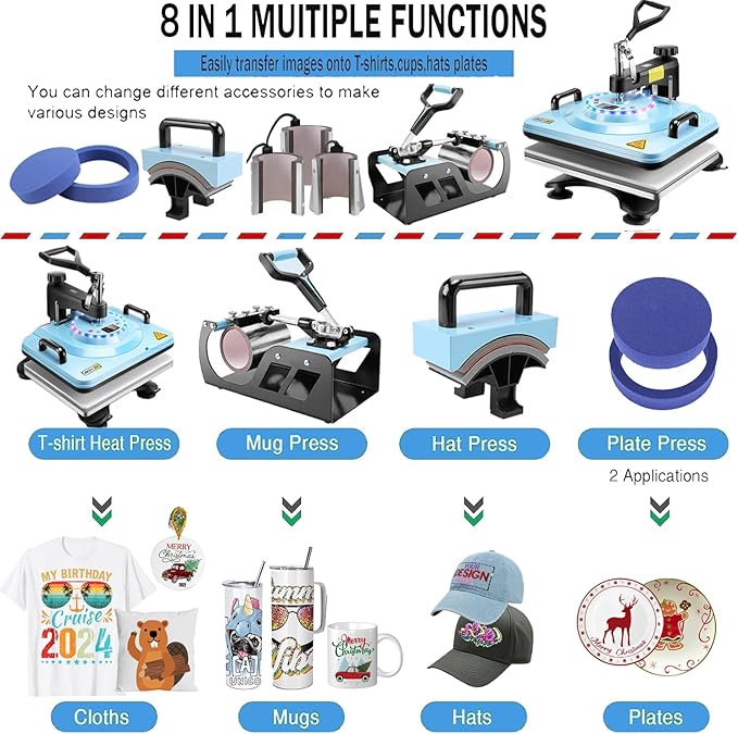 Prensa de Calor Sublimadora AKEYDIY 8 en 1 con Accesorio para Tazas 12x15 Pulgadas miniatura 2
