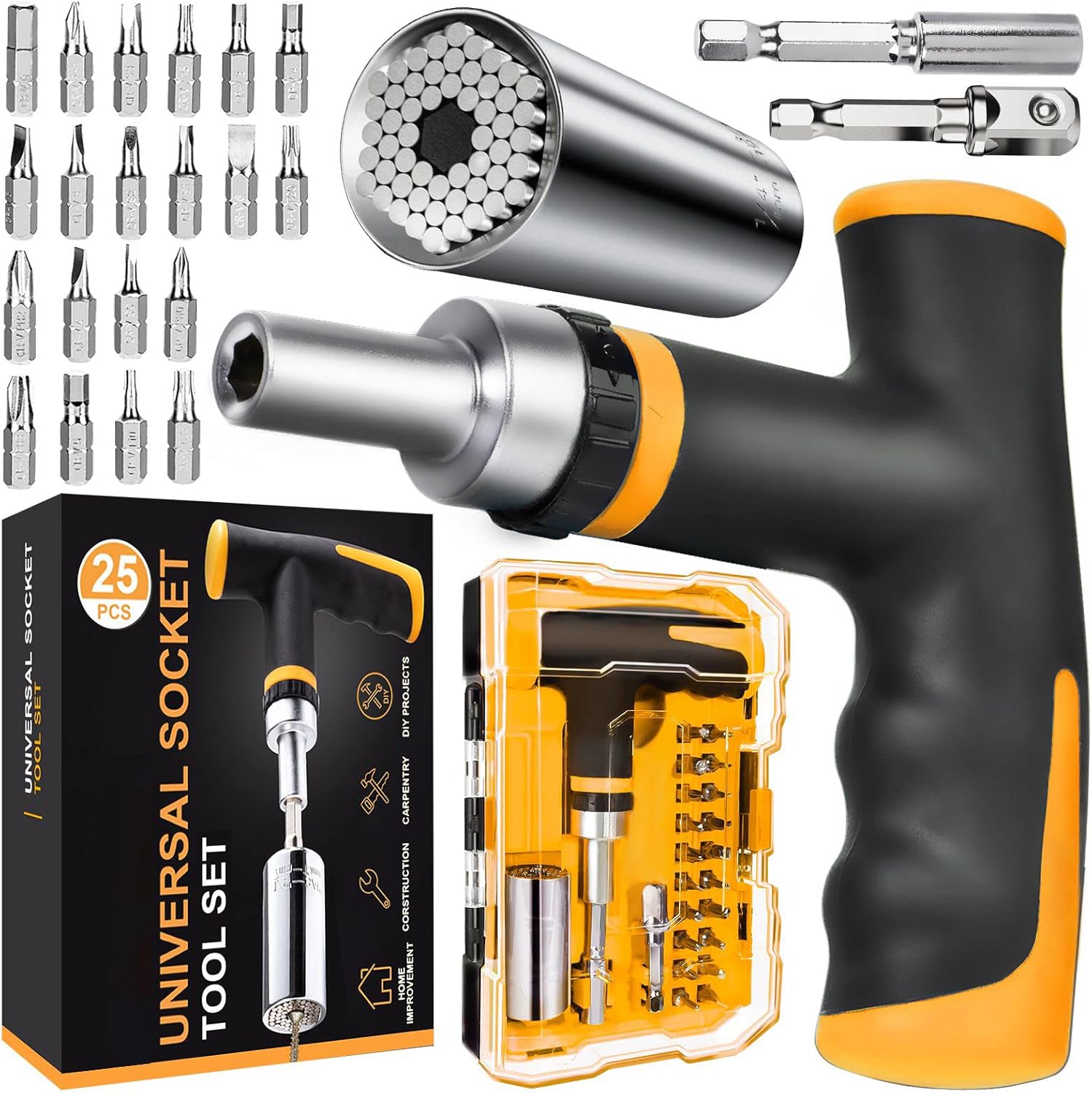 Gifts for Him, Universal Socket Tool Set, Multifunction Adapter to Unscrew Any Bolt, Christmas Stocking Stuffers for Men Adults, Cool Birthday Gadgets for Boyfriend Handyman, 25 PCS Yellow, Silver