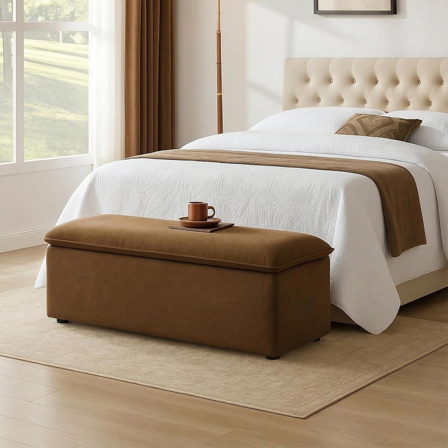 CIMOTA Storage Ottoman Bench, Upholstered End of Bed Storage Bench with Safety Hinge, Large Storage Chest with Seating, Modern Entryway Bench for Bedroom, Living Room, Chenille Brown