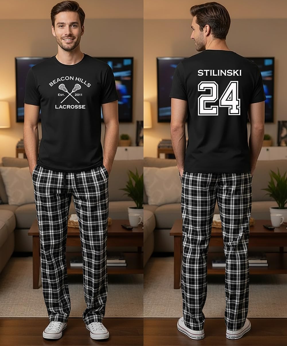 Studio 9Thirty3 Stilinski 24 Pajama Set – Beacon Hills Lacrosse Fan Inspired Tee & Plaid Lounge Pants, Men’s Sleepwear Gift