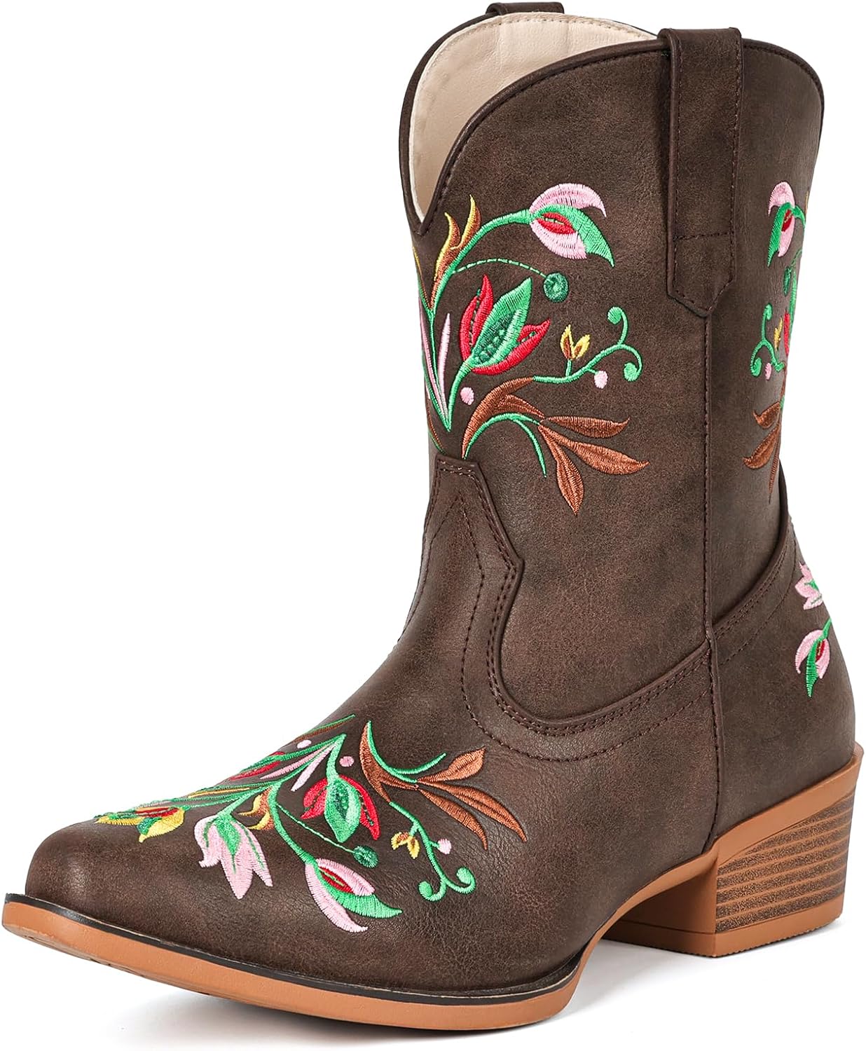 Cowboy Boots for Women Western Flower Embroidered Ankle Cowgirl Boots Snip Toe Chunky Heel Stitched Retro Classic Boot Botas