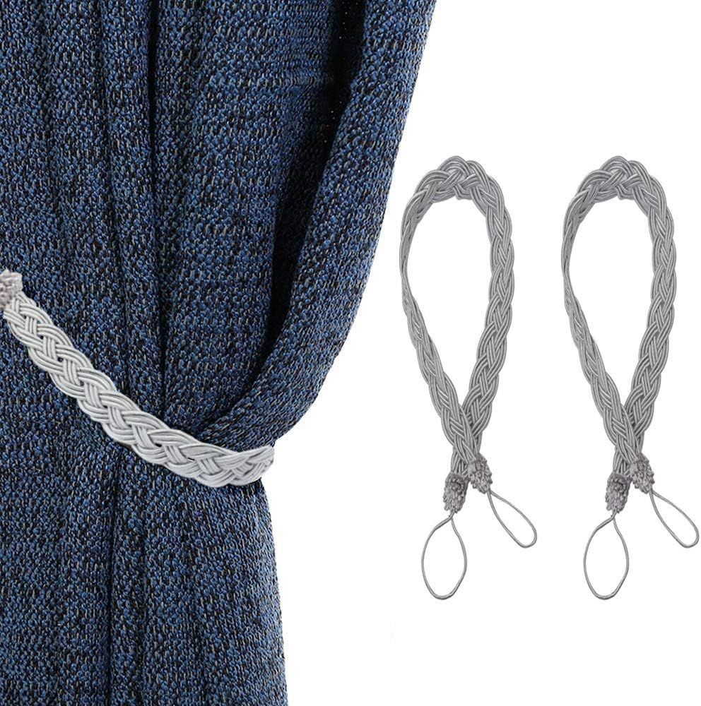 nuoshen 1 Pair Knitted Tie Backs, Braided Curtain Tiebacks Curtain Tie Rope Knitting for Home Drapes and Curtain Decor (Grey)