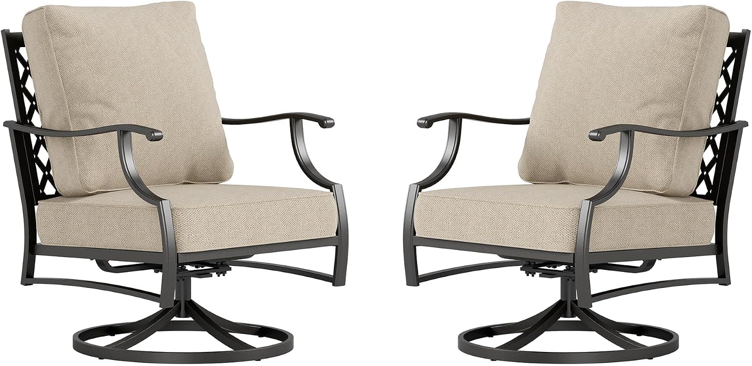 Metal Frame Outdoor Patio Swivel Chairs Set of 2 with 5.75" Extra Thick Cushion, 2 Piece High Back Swivel Patio Chairs Outdoor Furniture Seating for Deck Balcony Front Porch, Beige