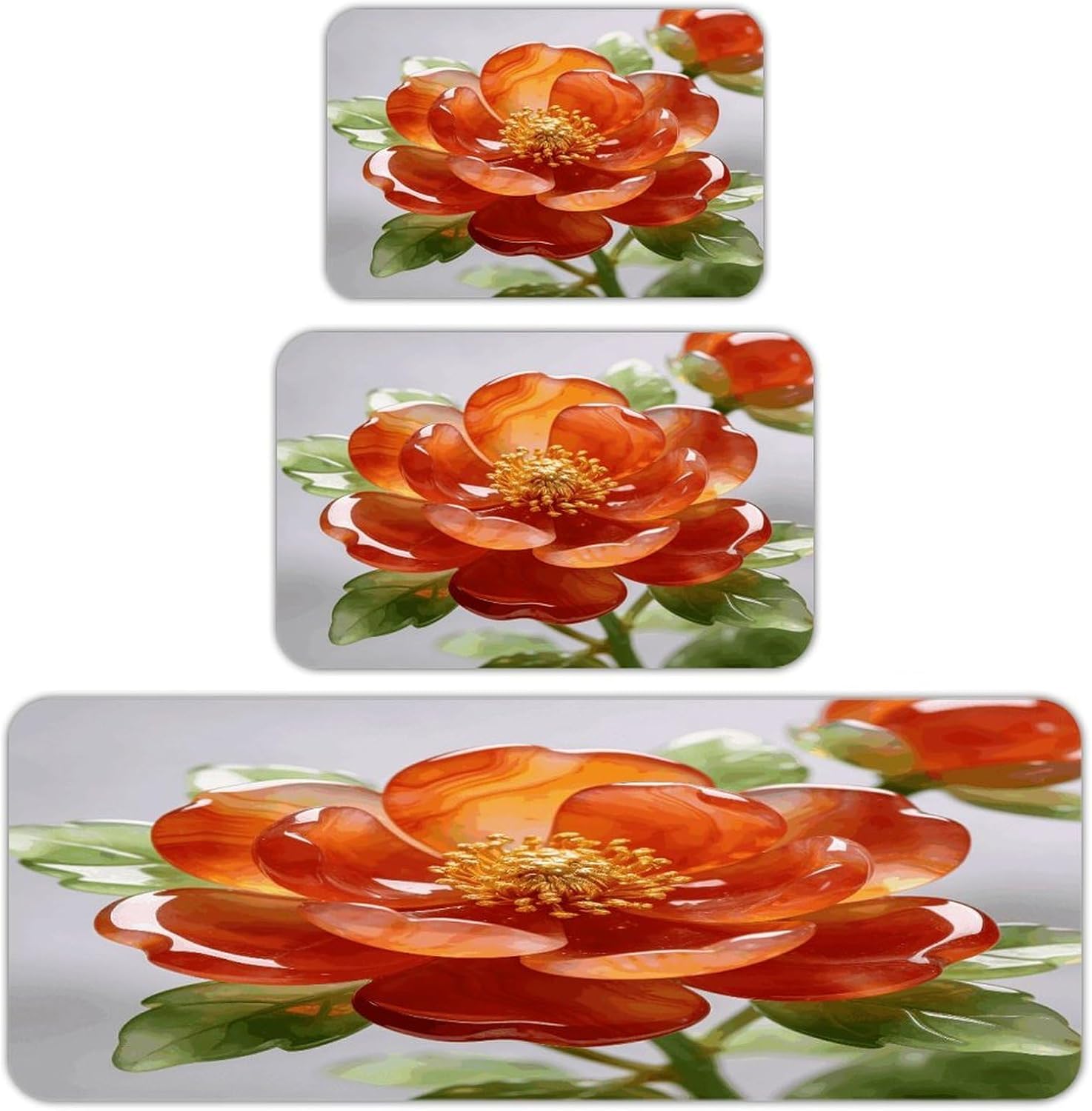 Carnelian Flowers Kitchen Rugs Sets of 3 Non Slip Kitchen Mat for Floor Comfort Standing Rug and Mats Thick Cushioned Long Area Carpets for Laundry Room Entryway