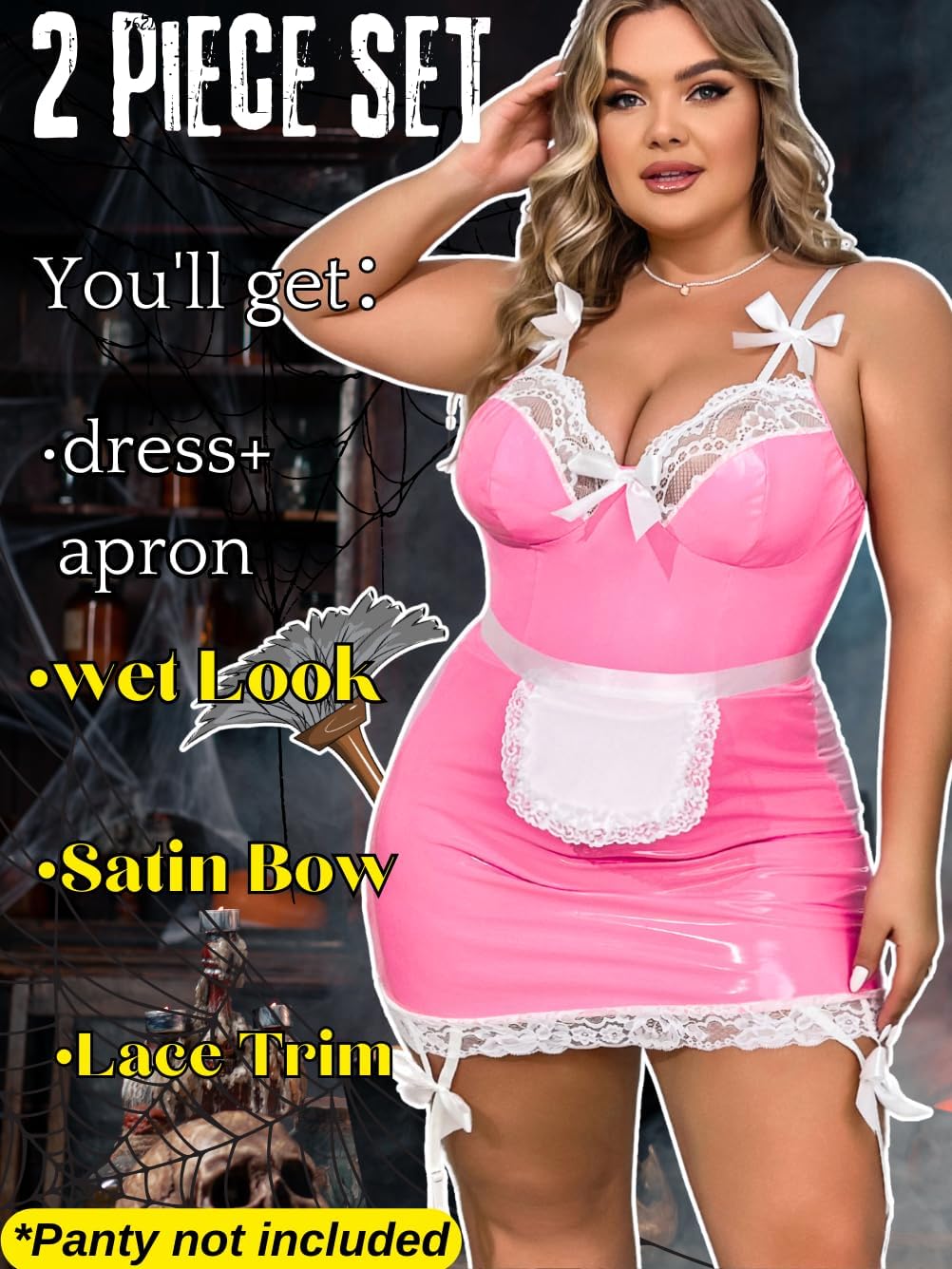 EHSUYAB Women's Plus Size Maid Outfit, Sexy Halloween Costume Cosplay Wet Look Dress, Wirefree Exotic Valentines Lingerie Set