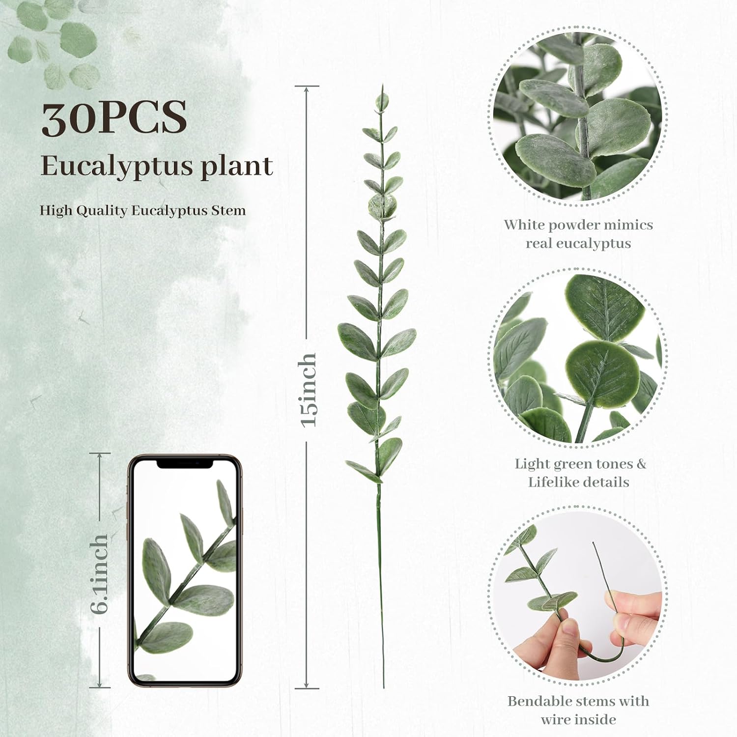 DomeStar 30PCS Artificial Eucalyptus Stems, 15" Fake Greenery Branches Bulk, Lifelike Eucalyptus Leaves for Wedding Bouquets, Table Centerpieces, Wreath DIY Crafts