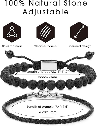 Miniatura 84 de Black Beaded Bracelets for Men Boys: 6mm Obsidian Onyx Lava Beads Mens Bracelet Set Mens Jewelry - Cool Anniversary Valentines Fathers Birthday