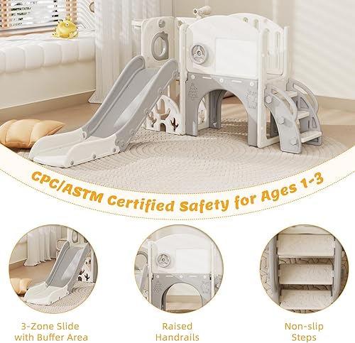 Miniatura 5 de 67i Tobogán infantil para interiores con tabla de dibujo, juego de golf, aro de baloncesto, parque infantil para niños de 1 a 3 años, escalones