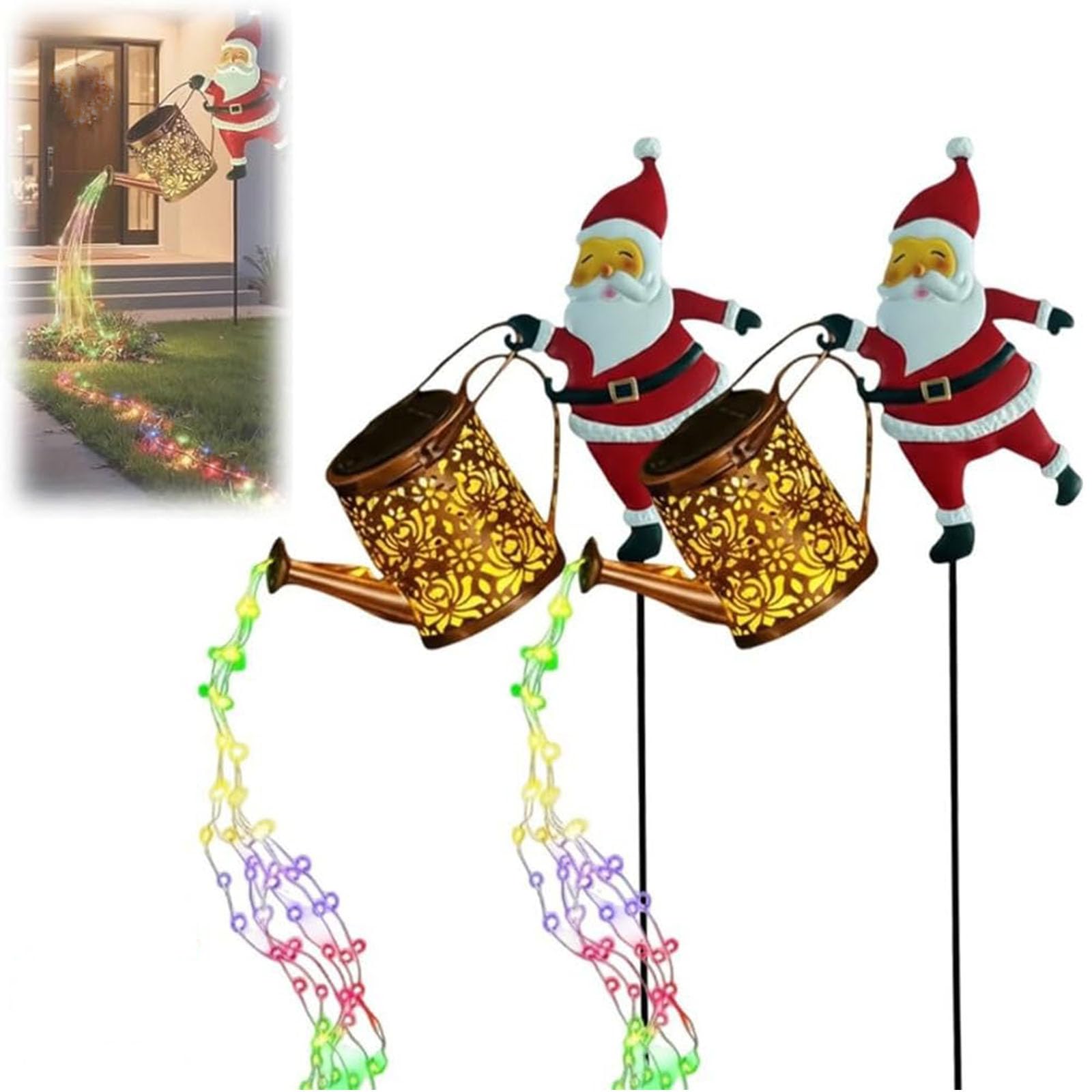 Yacriso 2Pcs Christmas Solar Kettle Lights Garden Lawn Decorative Lights, Hanging Metal Solar Santa Claus Watering Can With Led Light, Waterproof Outdoor Decorative Lantern, For Pathway Patio (2Pcs)