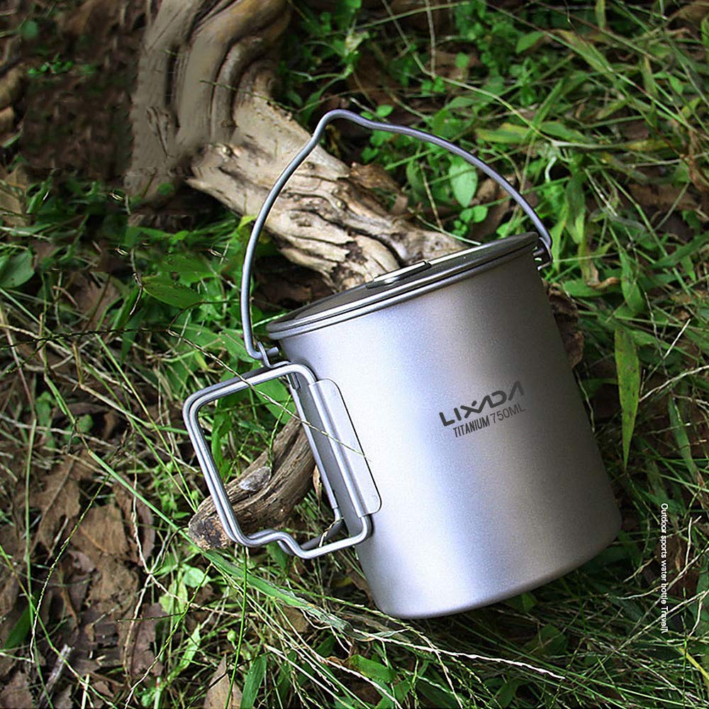 HUIOP Titanium Pot, 750ml/900ml/1100ml Ultralight Titanium Pot Water Mug Cup with Lid and Foldable Handle Outdoor Camping Cooking Picnic