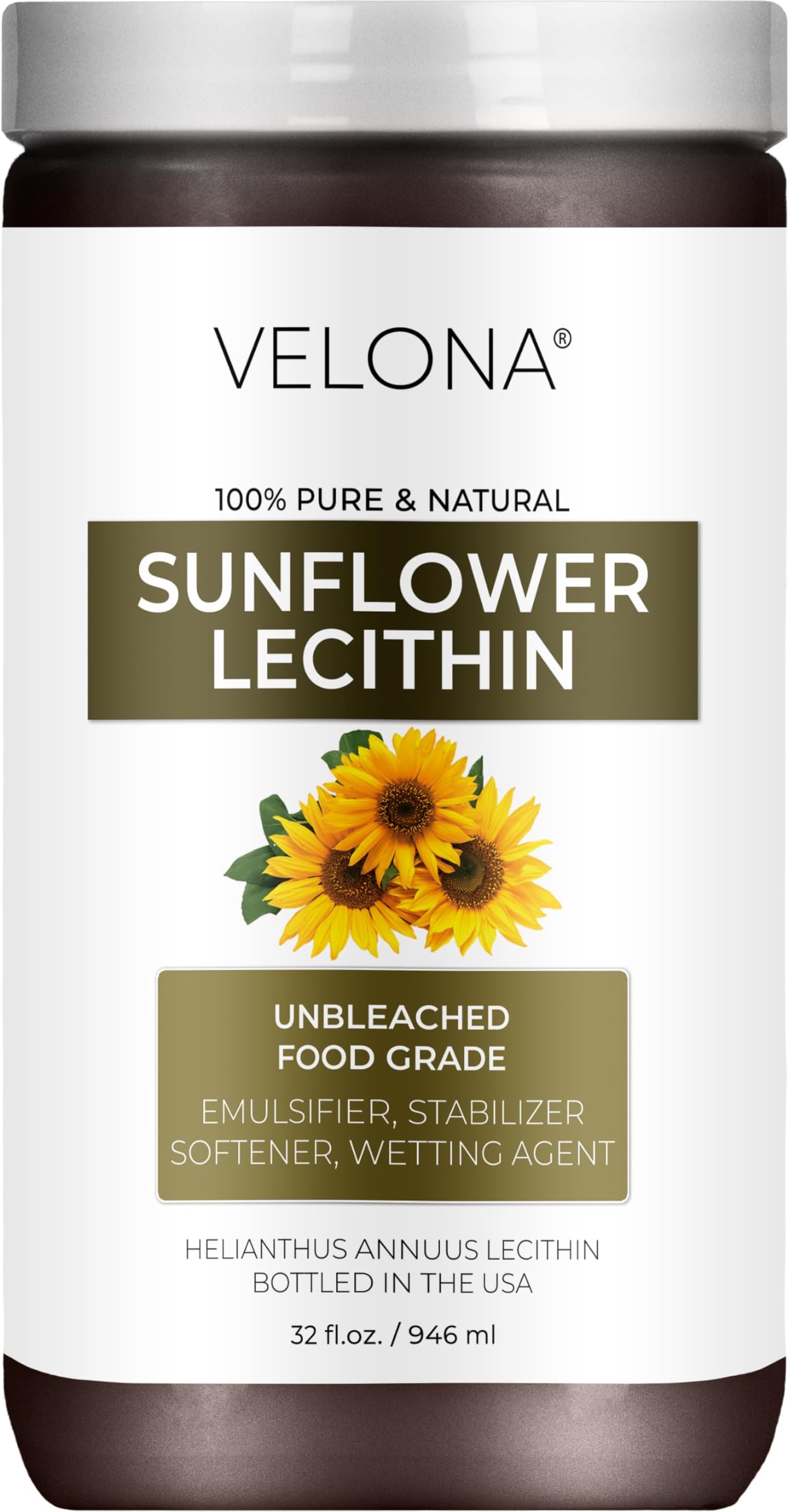 velona Pure Liquid Sunflower Lecithin 32 Fl Oz | Food Grade | Unbleached | Emulsifier, Stabilizer, Softener, Smoother, Wetting Agent | Use Today - Enjoy Results