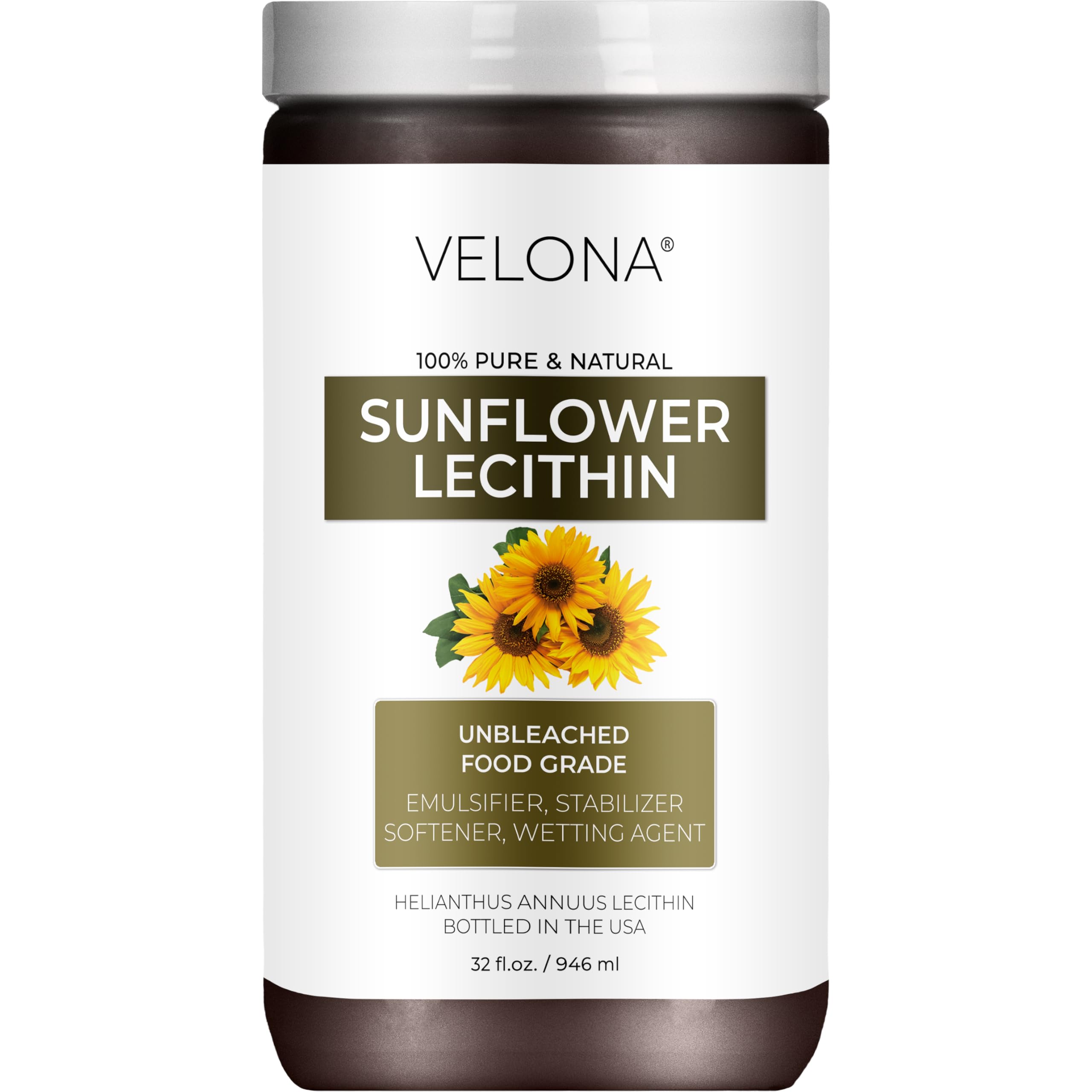 velona Pure Liquid Sunflower Lecithin 32 Fl Oz | Food Grade | Unbleached | Emulsifier, Stabilizer, Softener, Smoother, Wetting Agent | Use Today - Enjoy Results