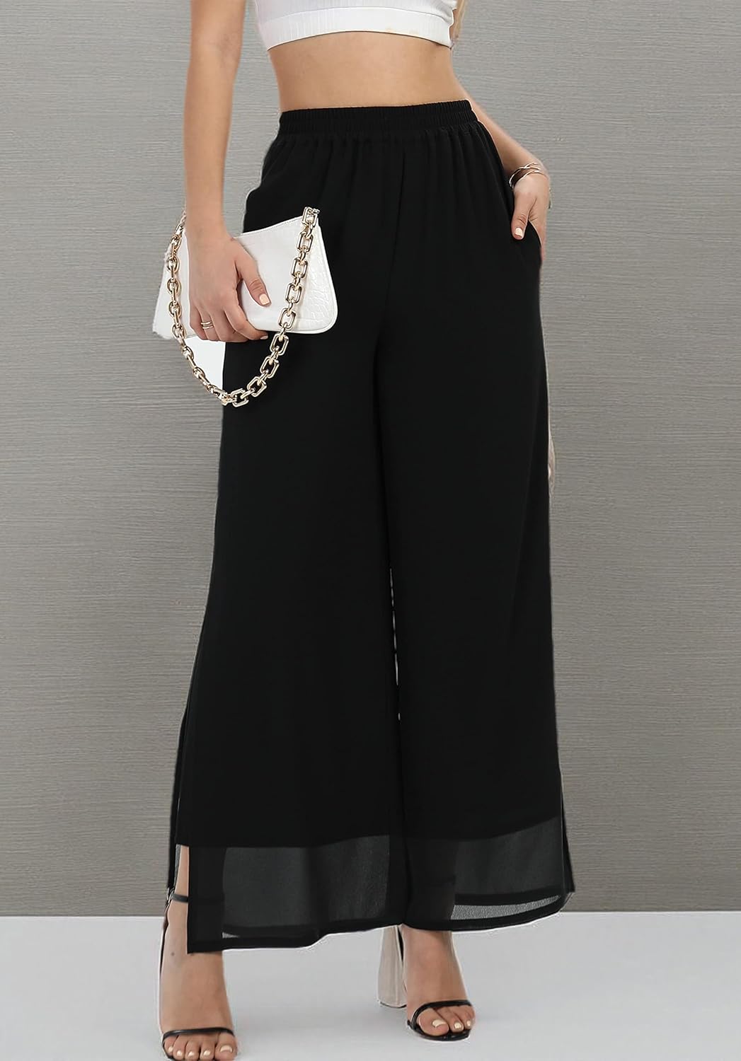 Women's Wide Leg Chiffon Dress Palazzo Pants Casual Split Hem Summer Trousers Party Club Pant - Image 7