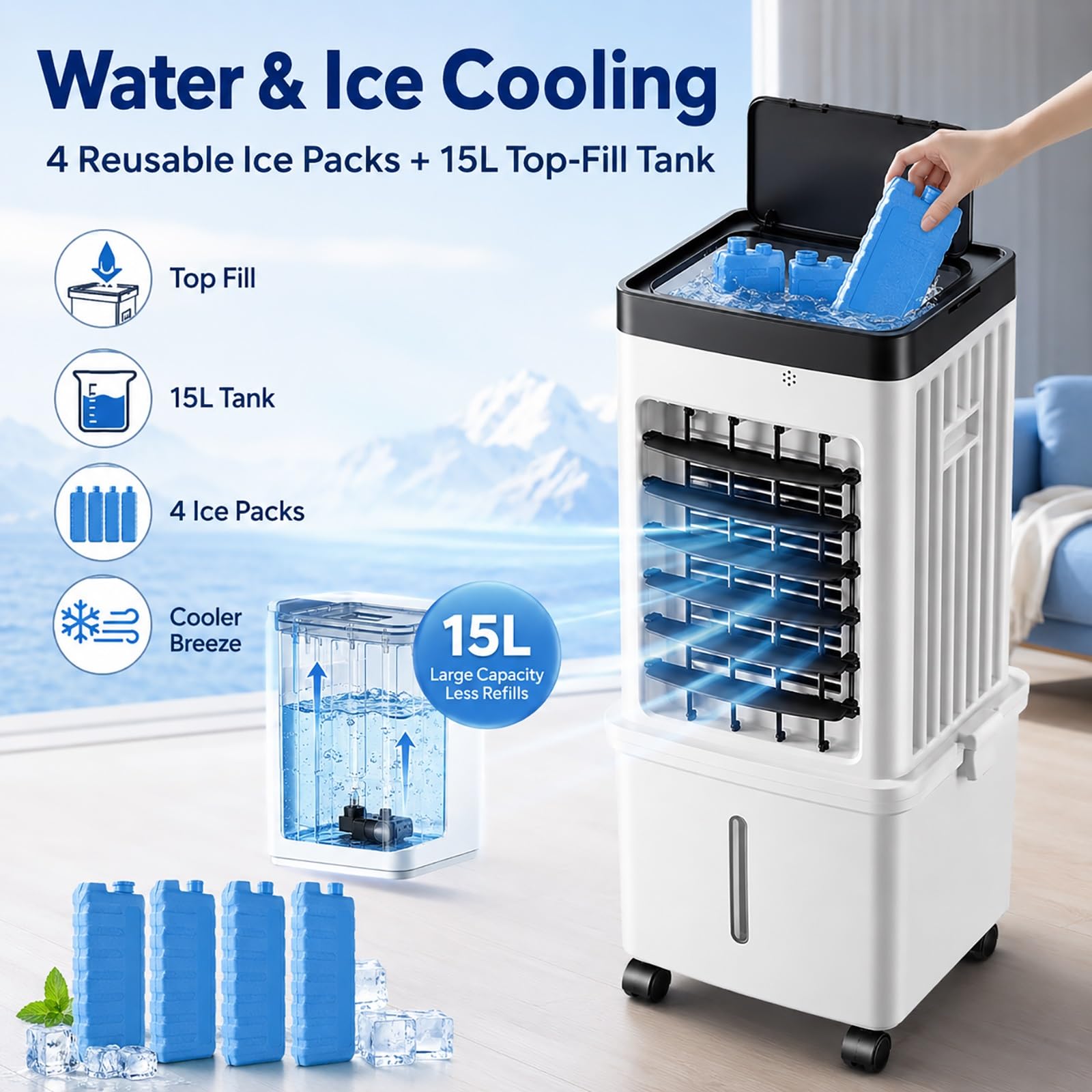 Enfriador de Aire Climatizador Evaporativo 15L 3 Velocidades para Hogar Oficina