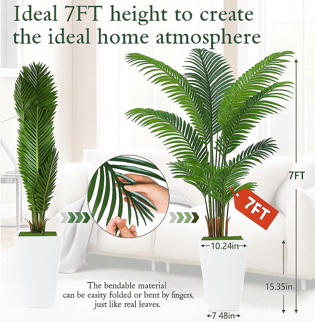 7FT Artificial Palm Tree, Tall Artificial Tree Plants with Fake Plants, Large Faux Plants Indoor with Lifelike Leaves for Outdoor Indoor Home Office Living Room Decor (White) White-7ft