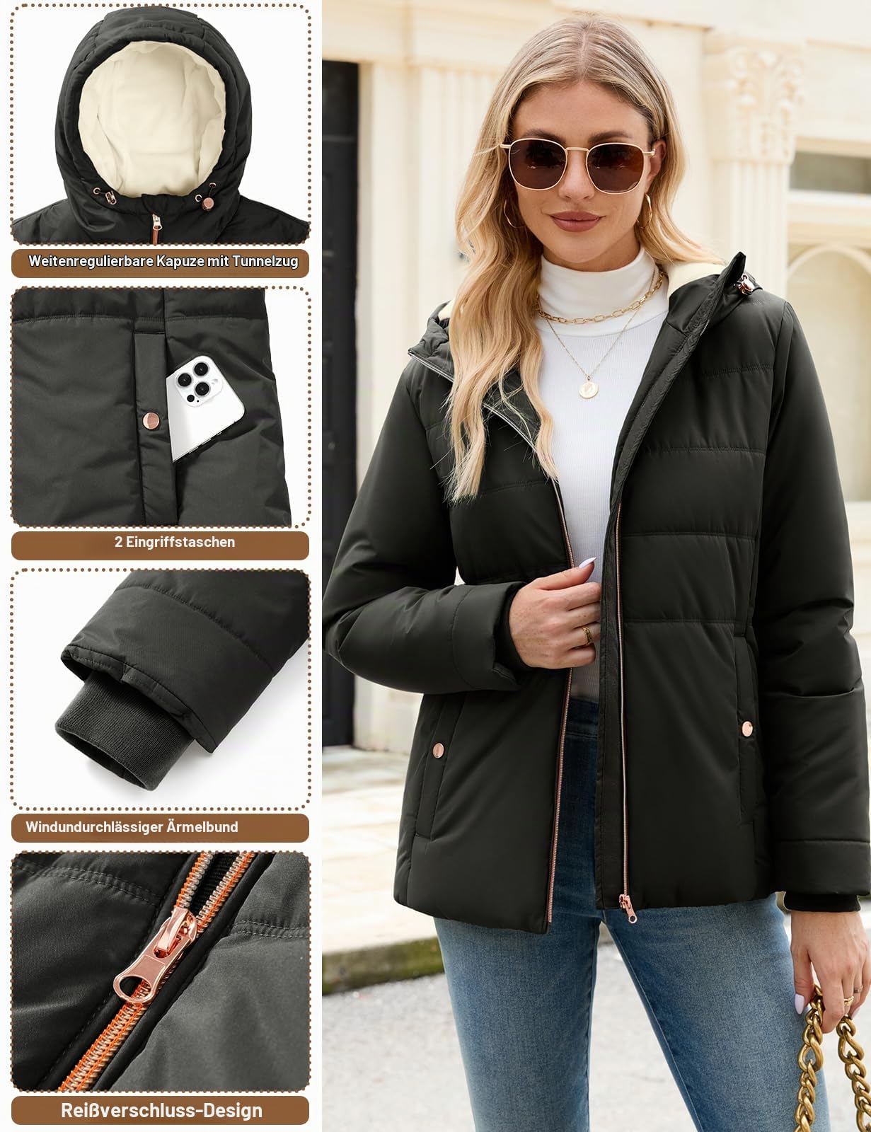 Winterjacke Damen Kurz Steppjacke Winter Parka Damen-Jacken Gefüttert Steppmantel Puffer Mantel Übergangsjacke Warm Hooded Jacket Wintermantel mit Taschen