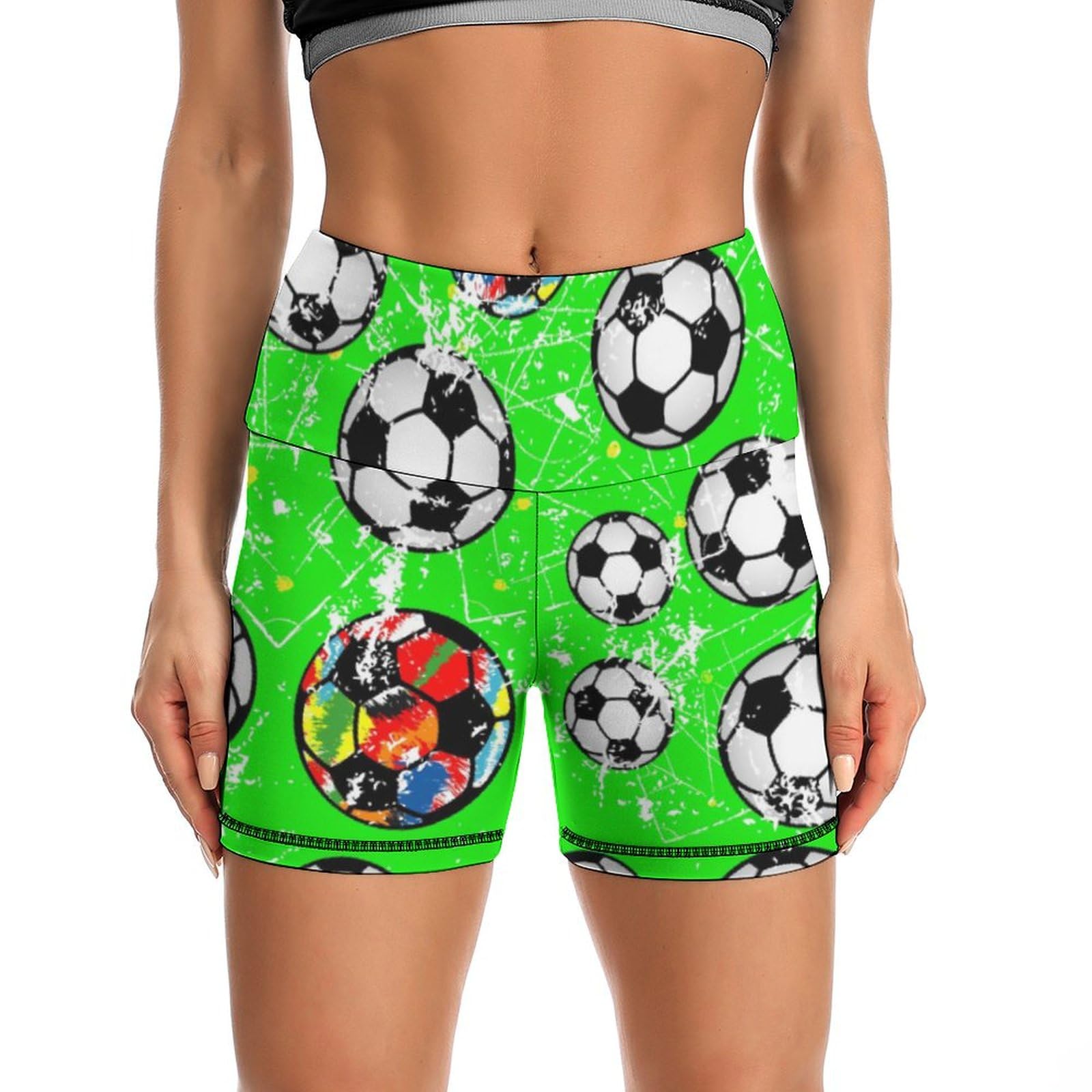 JYYAU Soccer Cartoon Pattern High Waist Yoga Shorts for Women Athletic Shorts Leggings Running Pants Black