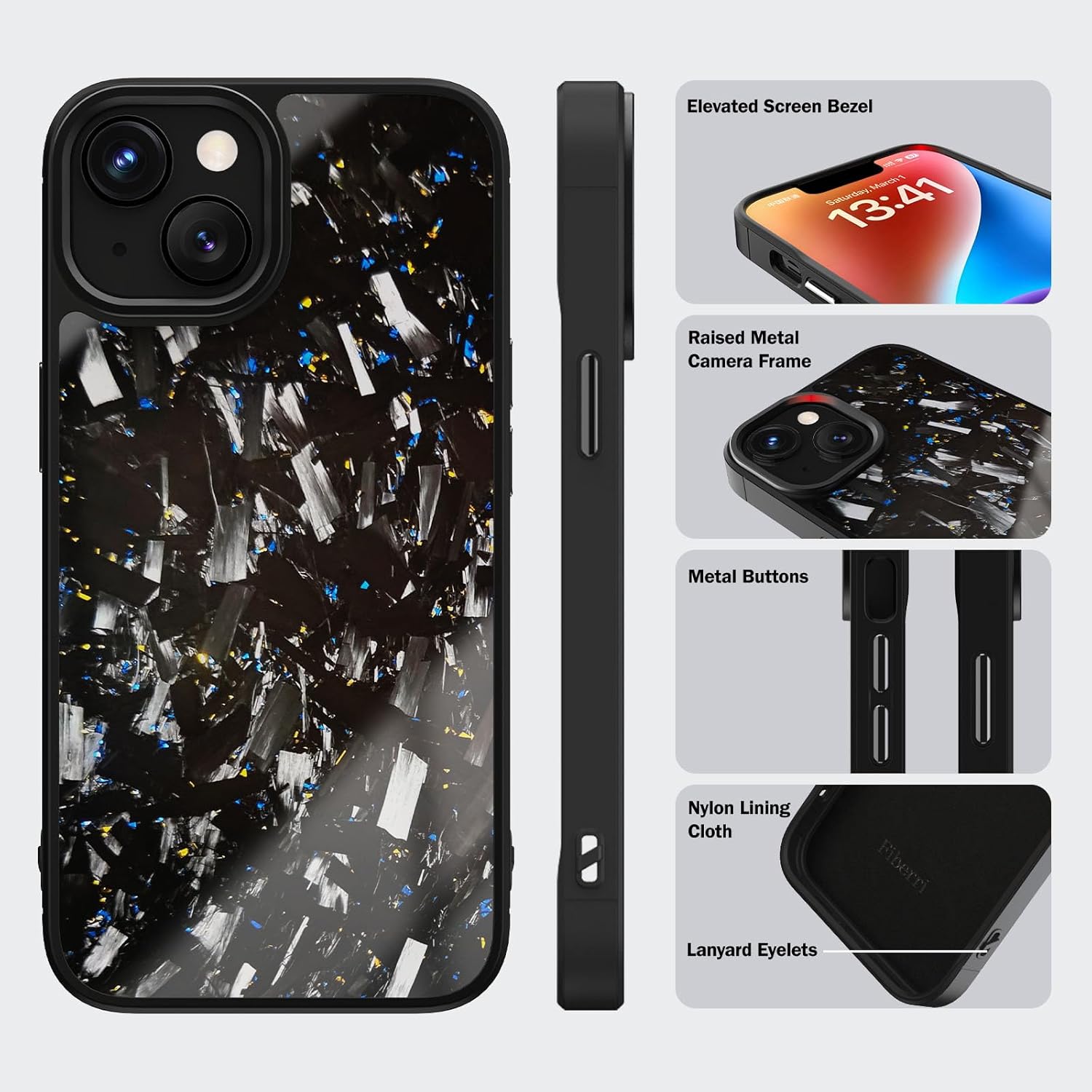 Genuine Forged Carbon Fiber Case for iPhone 14/13, Built-in Magnets, Compatible with MagSafe, Military Grade Drop Protection, Shockproof Phone Cover - Glossy Gold/Blue