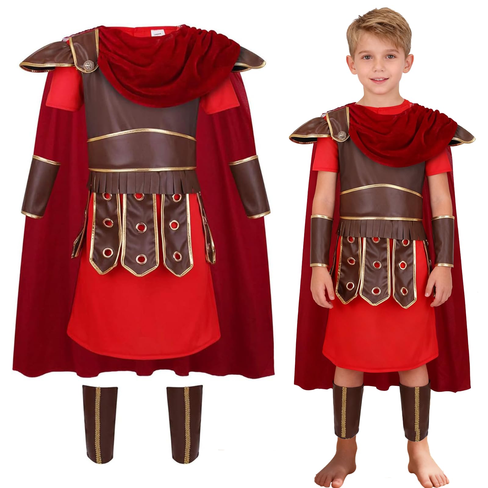 Roman Soldier Costume for Kids Centurion Gladiator Outfits Viking Medieval Historical Theme Role Playing Party - Includes Tunic, Armour, Cape, Arm and Leg Guards