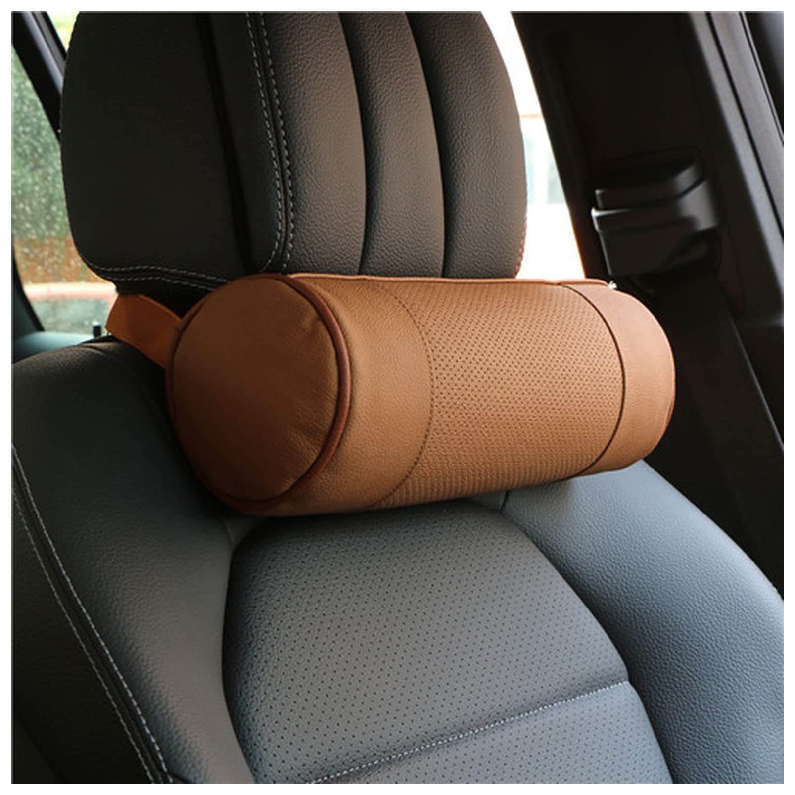 Almohada Para el Cuello Del Coche Memoria de espuma almohada de cuello de coche / cuero genuino Auto cervical Rollo redondo Silla de oficina Bolster Reposacabezas Soportes Cojín Negro Almohada Para el