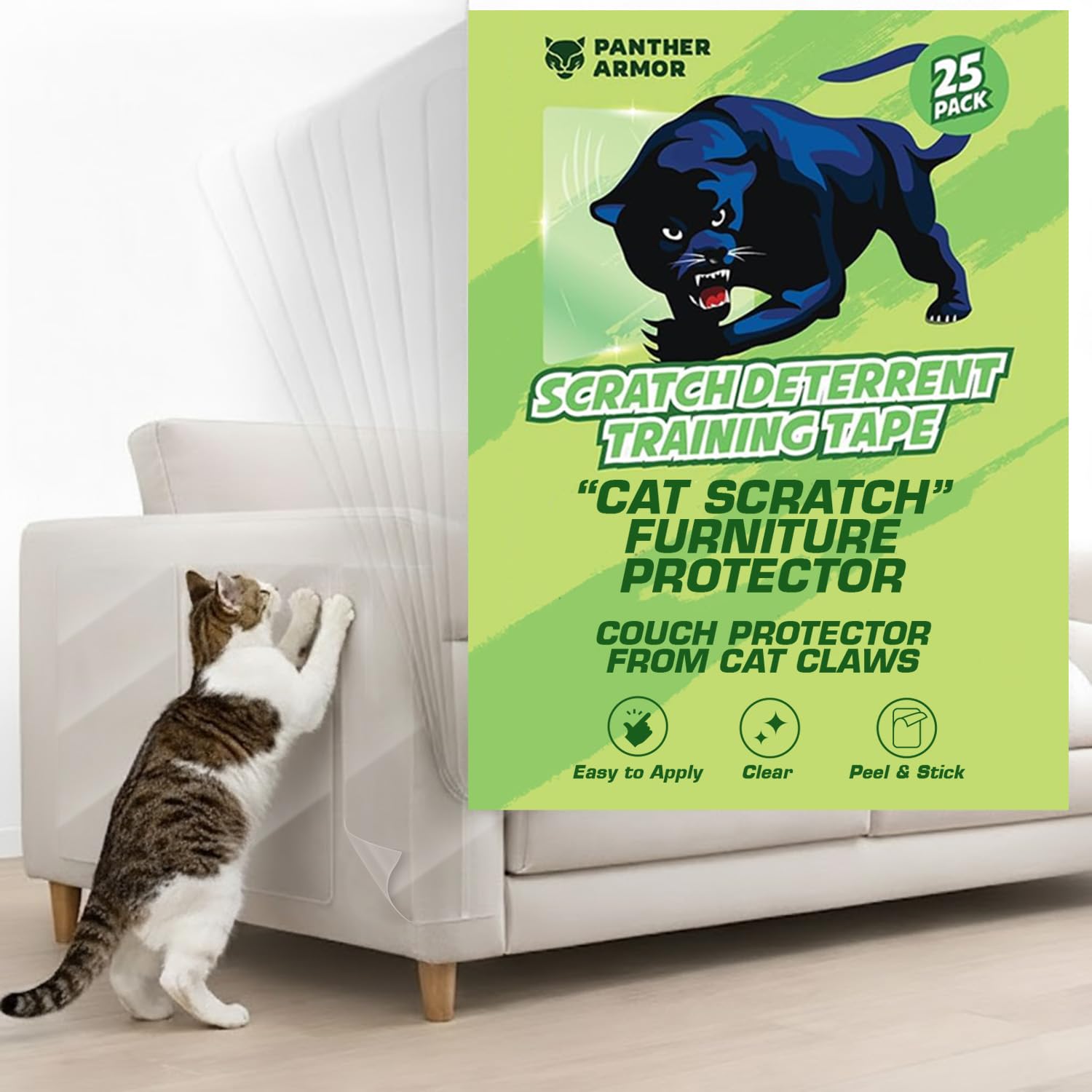 25 Pack Cat Scratch Furniture Protector Tape Sheets, Double-Sided Sticky Training (15 XL, 8 Large, 2 Medium), Anti-Scratch Couch & Sofa Guard, Clear, Not for Leather, Velvet, Microfiber