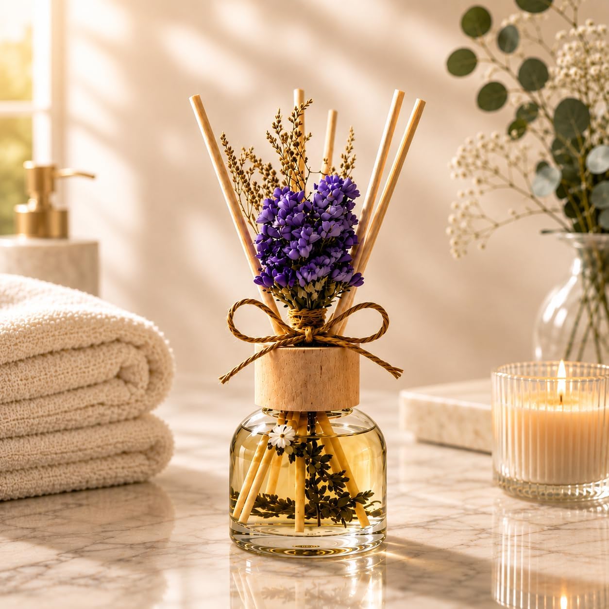 Lavender Reed Diffuser with Real Dried Flowers - 100ml (3.4oz) Home Fragrance Room Freshener - 6 Natural Sticks for Adjustable Scent - Long Lasting Aroma - Minimalist Decor Gift for Home & Office