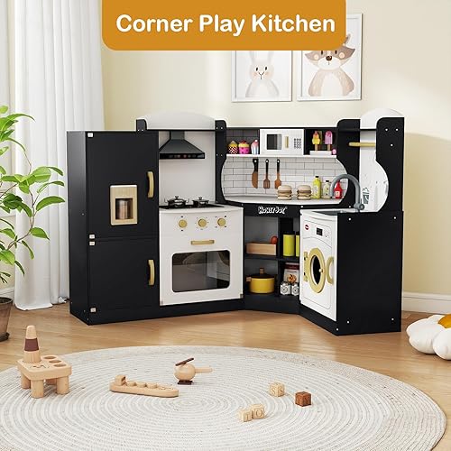 Miniatura 9 de HONEY JOY Juego de cocina esquinera para niños, cocina de madera definitiva para niños pequeños, lavadora, máquina de hielo, fregadero, microondas,