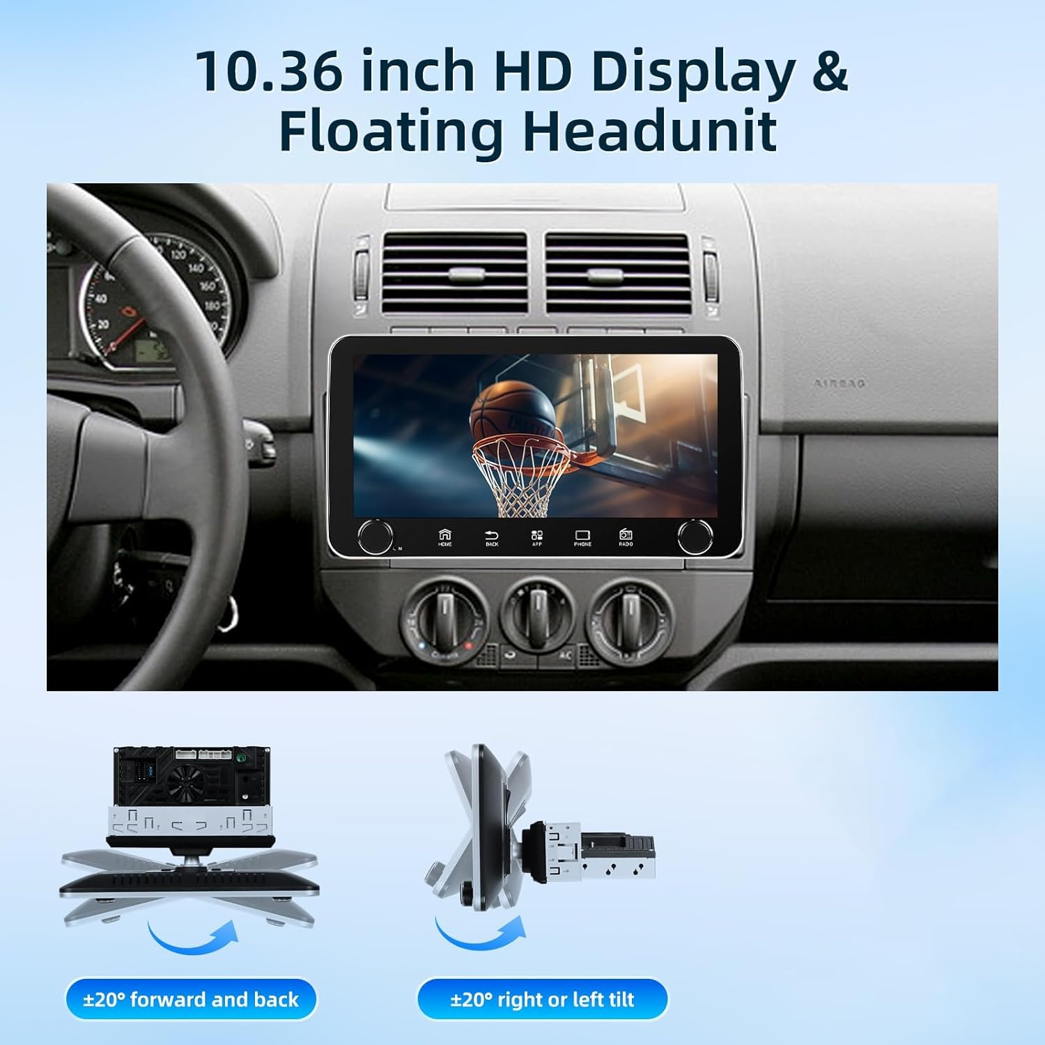 [2G+64G] 10.36 inch Android Single Din Car Stereo, 10 inch Touch Screen Radio with Wireless Carplay/Android Auto/EQ Audio/SWC/Bluetooth/WiFi/FM RDS Radio