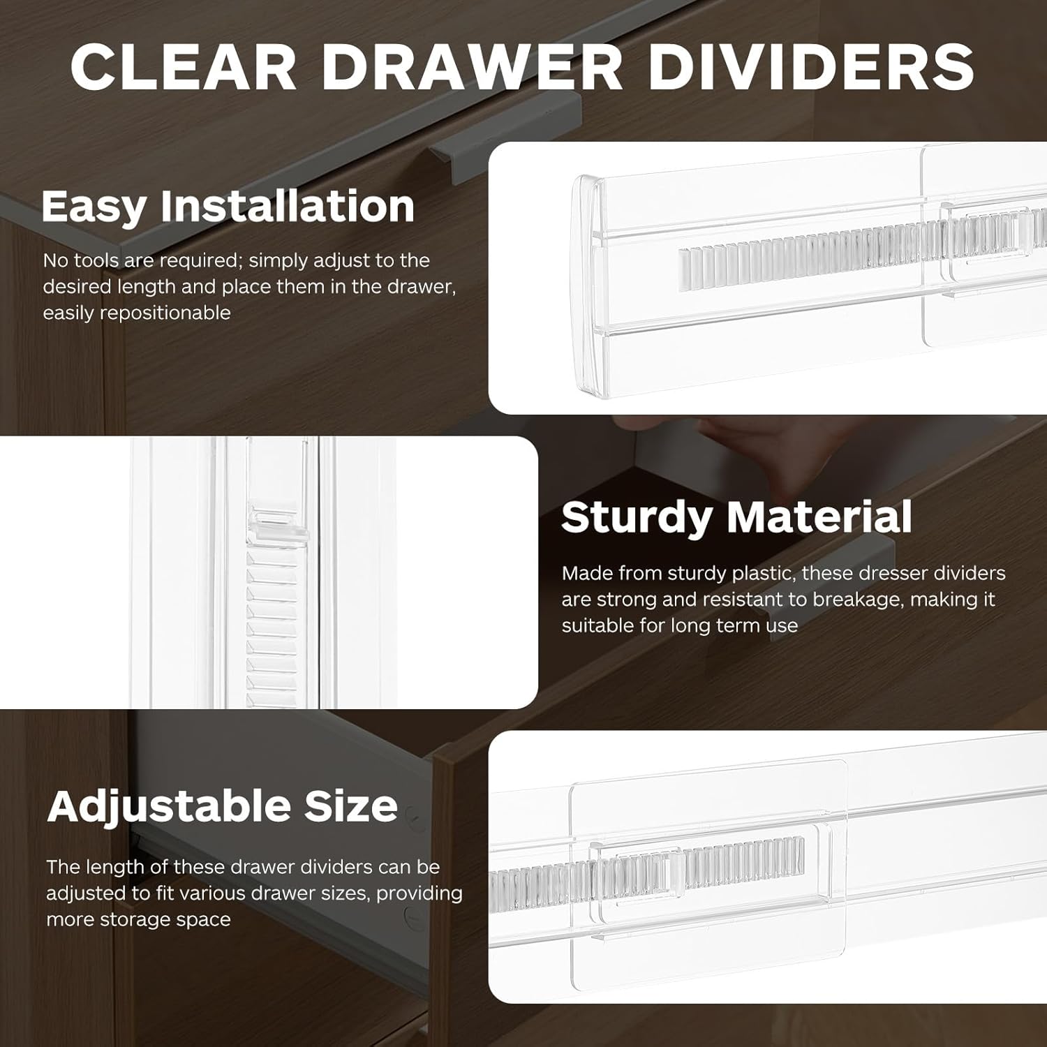 KALLORY 6 Pcs Plastic Drawer Dividers Expandable Closet Organizer for Clothes Socks and Kitchen Utensils Adjustable Storage for Bedroom and Kitchen Drawers