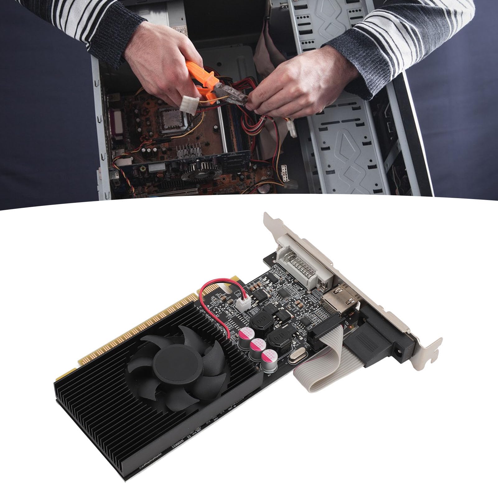 ciciglow Karta graficzna PCI E GT610, karta graficzna do gier do komputera stacjonarnego DDR3 64BIT PCI Express 2.0 16X 2 GB wentylator chłodzący pojedynczy port HDMI VGA DVI, dla