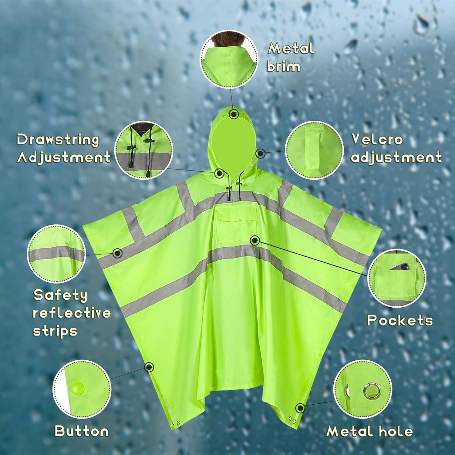Rain Poncho - High Visibility, Reflective, Wind and Waterproof with Drawstring Hood, Rain Gear for Construction, Fishing,Cycling,Camping,Hiking, One Size