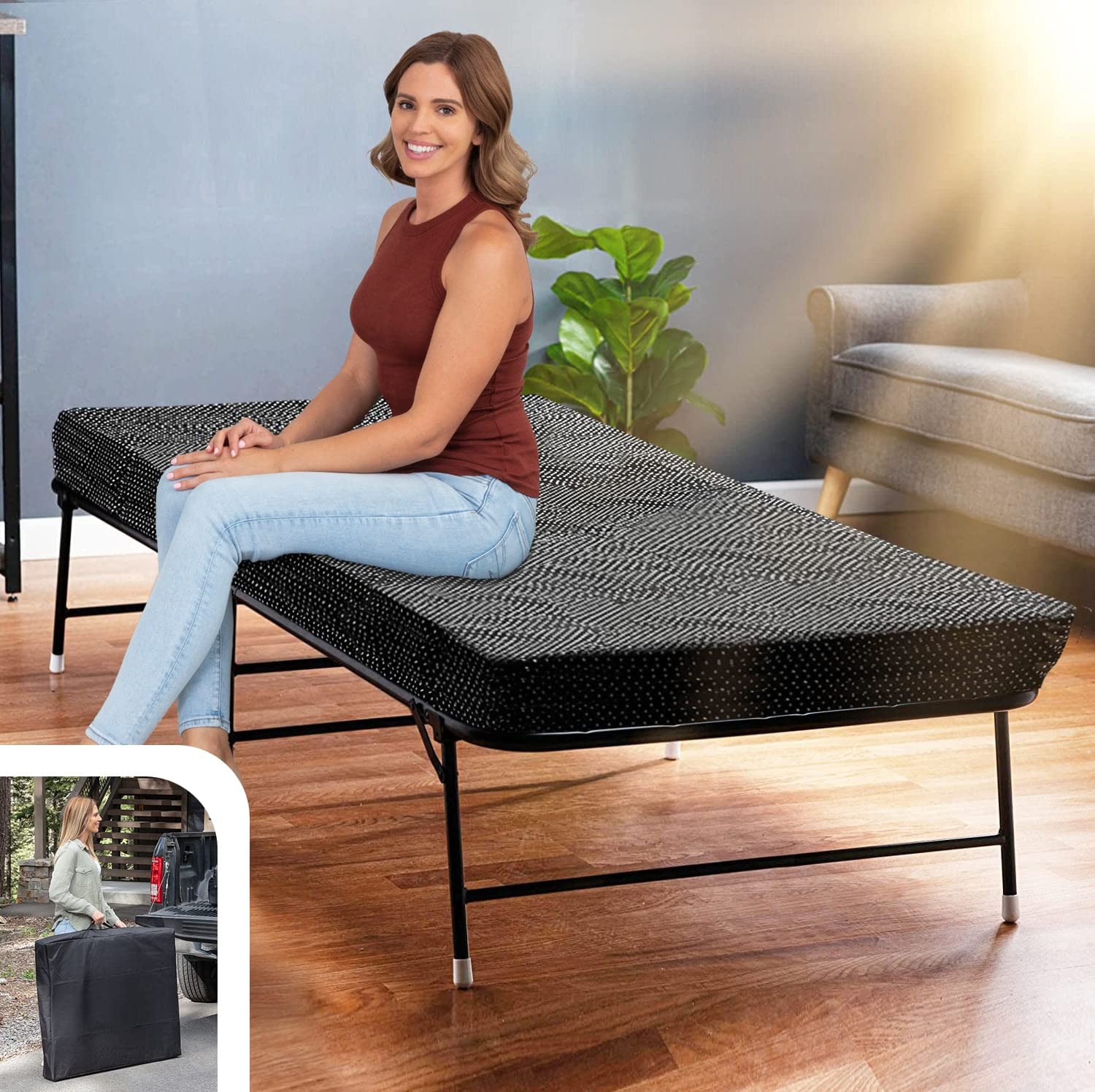 LiteBed Folding Twin Bed With Memory Foam Mattress - Portable Fold Up With Storage Bag - Luxurious Hideaway Foldable Frame - For Adults & Kids - NO-RISK 100-DAY TRIAL