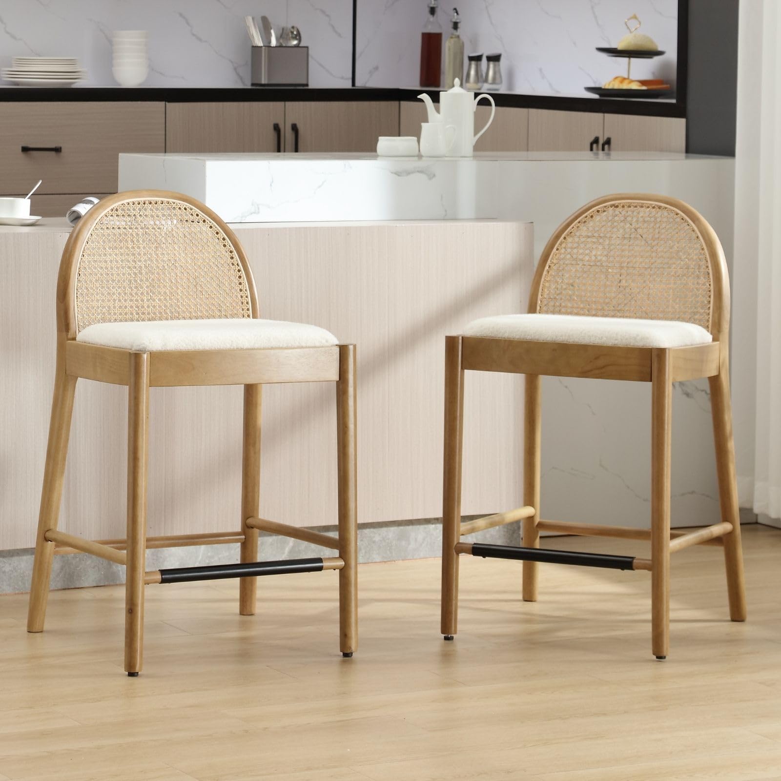 DUOMAY Modern White Rattan Counter Stools Set of 2, 26 Inch Height - Wooden Boucle Upholstered Bar Stools Barstool with Oval Rattan Backrest - Armless