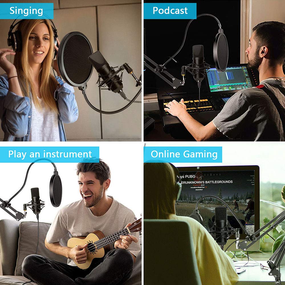 Diealles Shine Microphone USB, Microphone à Condensateur 192KHz/24Bit avec Microphone Réglable Suspension Perche Ciseaux Bras et Filtre Anti-Pop pour Jeux, Streaming, Podcasting
