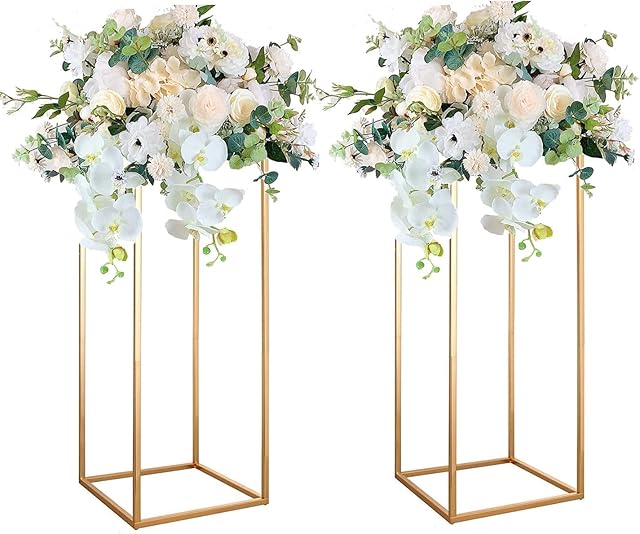 Gold Wedding Table Centrepieces Set of 2 PCS Geometric Vases Flower Stand Iron Floor Vase Column Stands 60cm Tall Matel Display Rack Stage Shelf for Wedding Centrepieces Table Party Home Decor