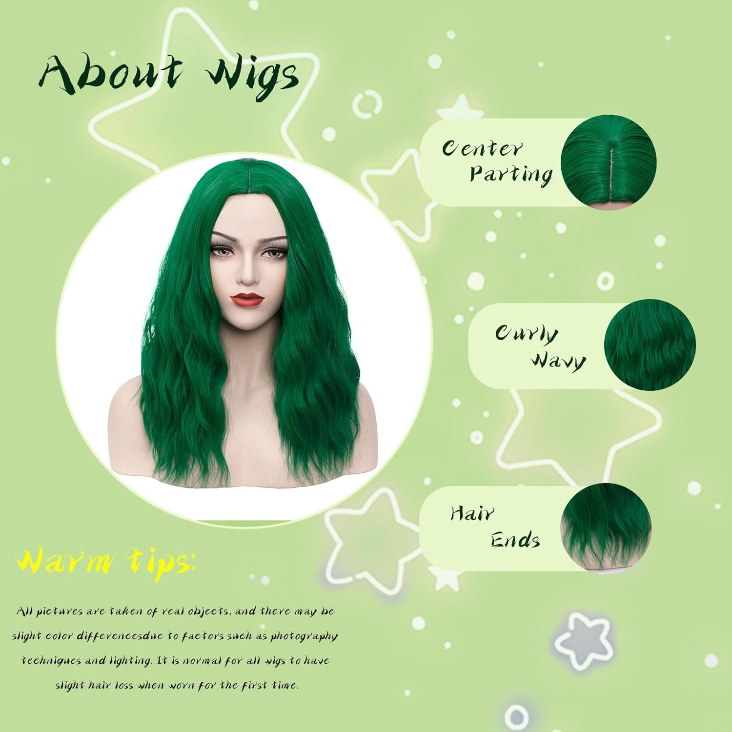 18" Long Dark Green Curly Wavy Wig For Women Heat Resistant Fiber Wigs Halloween Cosplay Daily Party+Cap (Dark Green) - Image 4