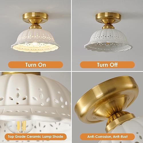 Miniatura 3 de Lámpara de techo semiempotrada de cerámica vintage, paquete de 2, lámpara dorada para pasillo, pequeña lámpara de techo de mediados de siglo,