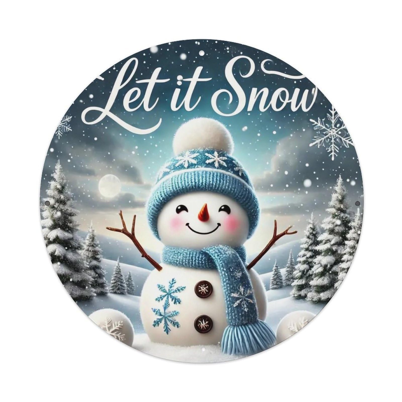 Snowman Winter Landscape Snowflakes Trees Round Metal Tin Sign Vintage Wall Decor, Bar Garage Cafe Kitchen Home Wall Art Poster 8x8inches