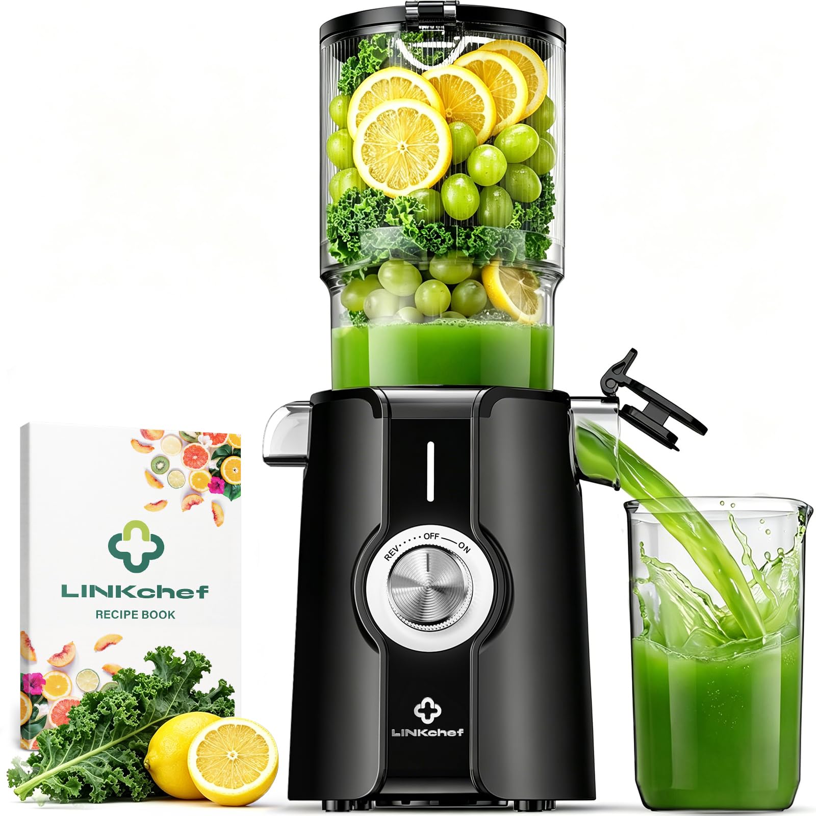 LINKChef extracteur de jus 200W 115mm Grande Bouche Slow Juicer Vertical Sans BPA Noir