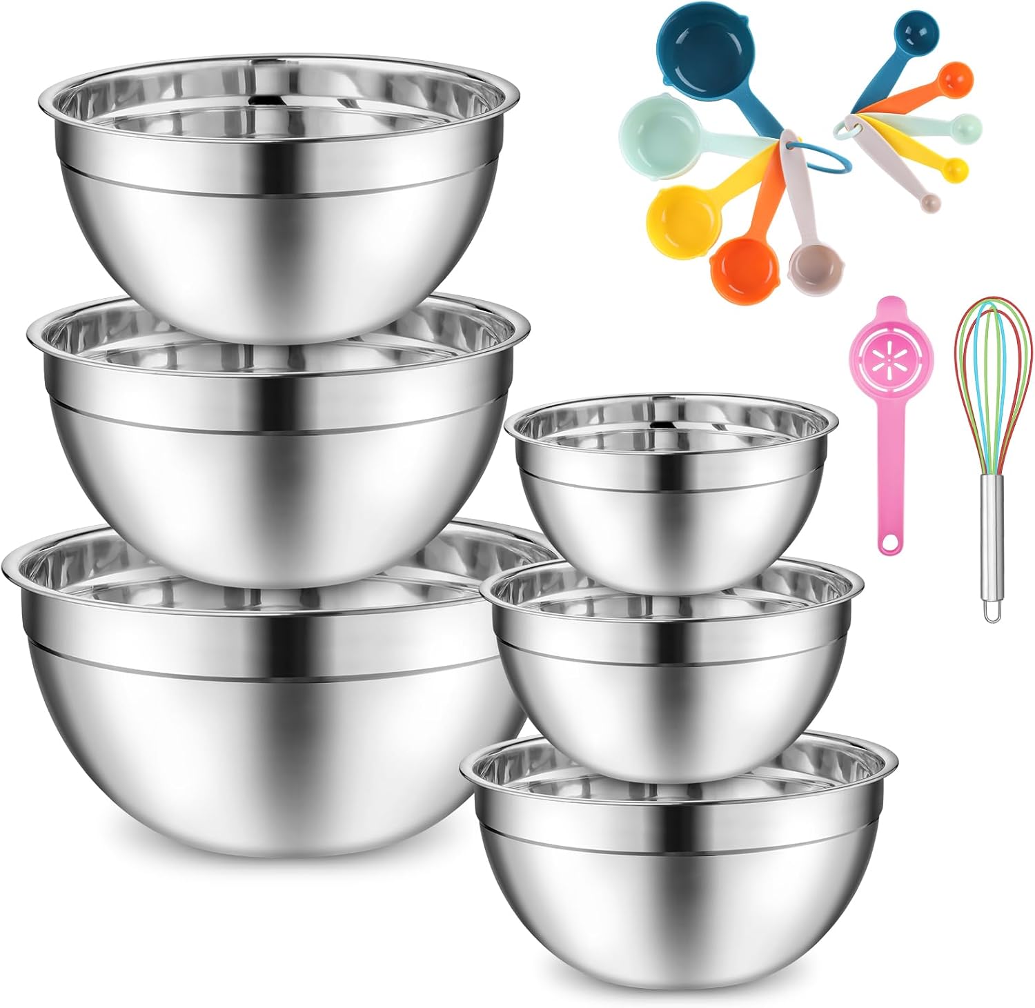 Vesteel 18PCS Mixing Bowls Set, Stainless Steel Prep Bowl Nesting Salad Bowls Attach Kitchen Accessories for Mixing Cooking Baking, Size 4.6/2.6/2/1.5/1/0.7 QT
