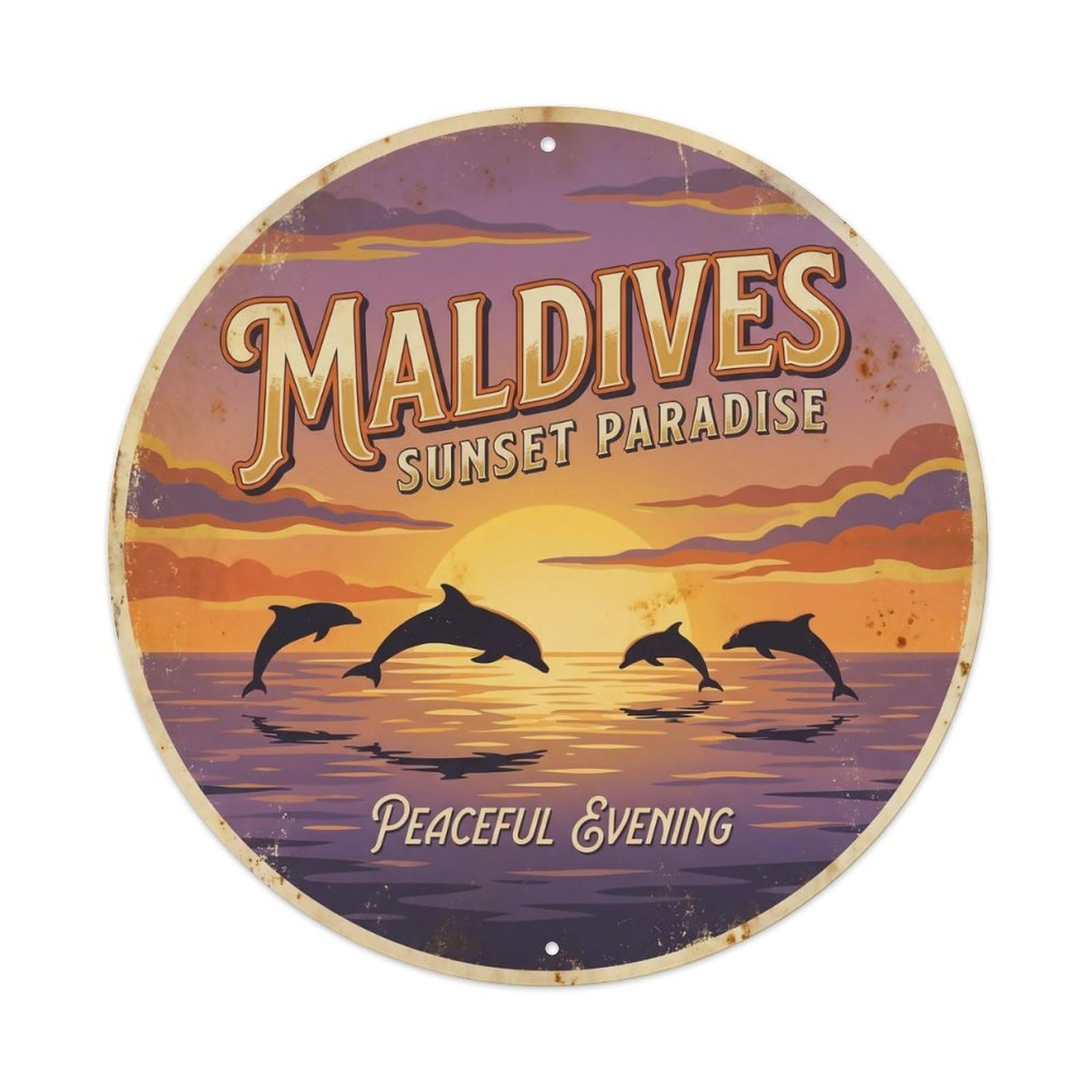 Odgynaw 8X8inch(20X20cm) Maldives Dolphin Sunset Coral Reef Marine Wildlife Metal Tin Sign
