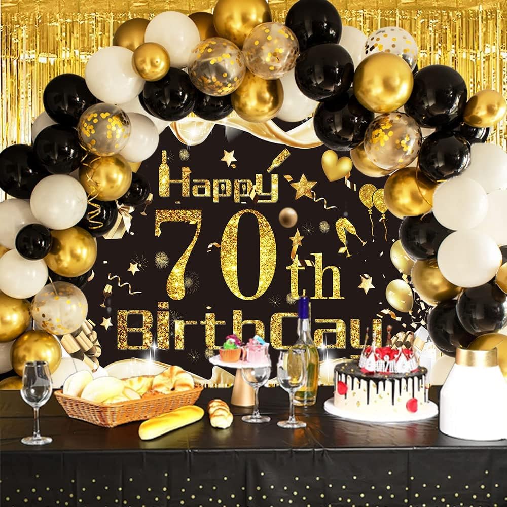 70th Birthday Decorations for Men Women Include Happy 70th Birthday Banner Black and Gold tablecloth 55 Pcs Latex Confetti Balloons for 70th birthday party decorations