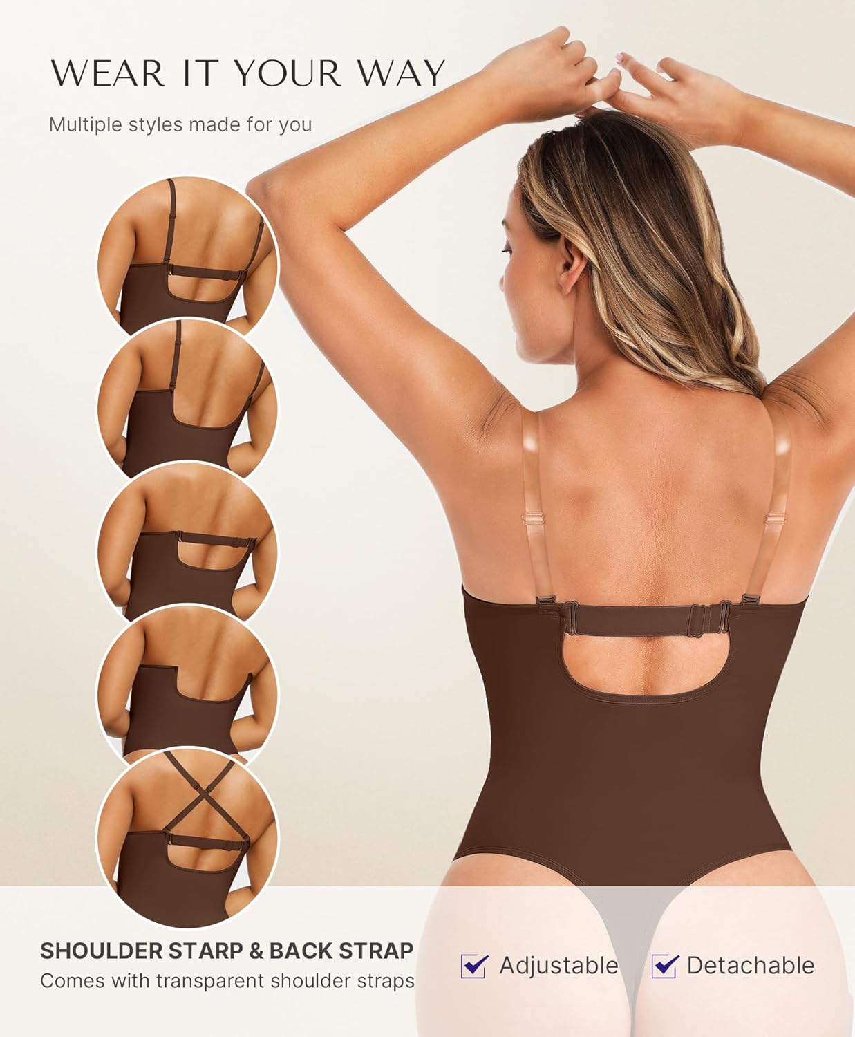 SHAPELLX Shapewear Bodysuit for Women Tummy Control Body Shaper Thong Strapless Body Suit with Removable Straps Brown S - Image 2