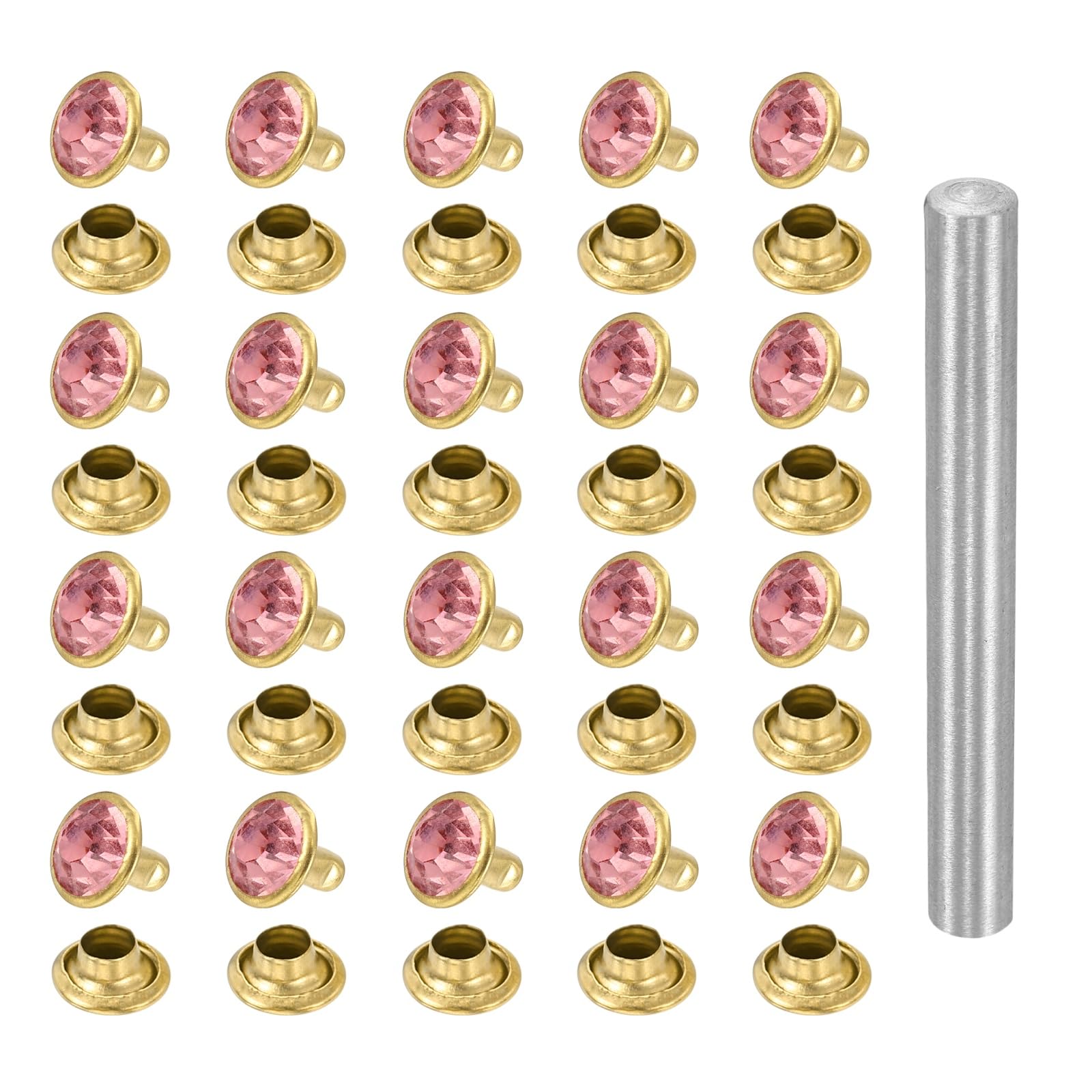 sourcing map 100pcs Crystal Rivets 8mm Rhinestone Rapid Stud Rivets with Steel Installation Tool for Clothing Leather Fabric Arts Decoration Leathercraft DIY, Gold Pink