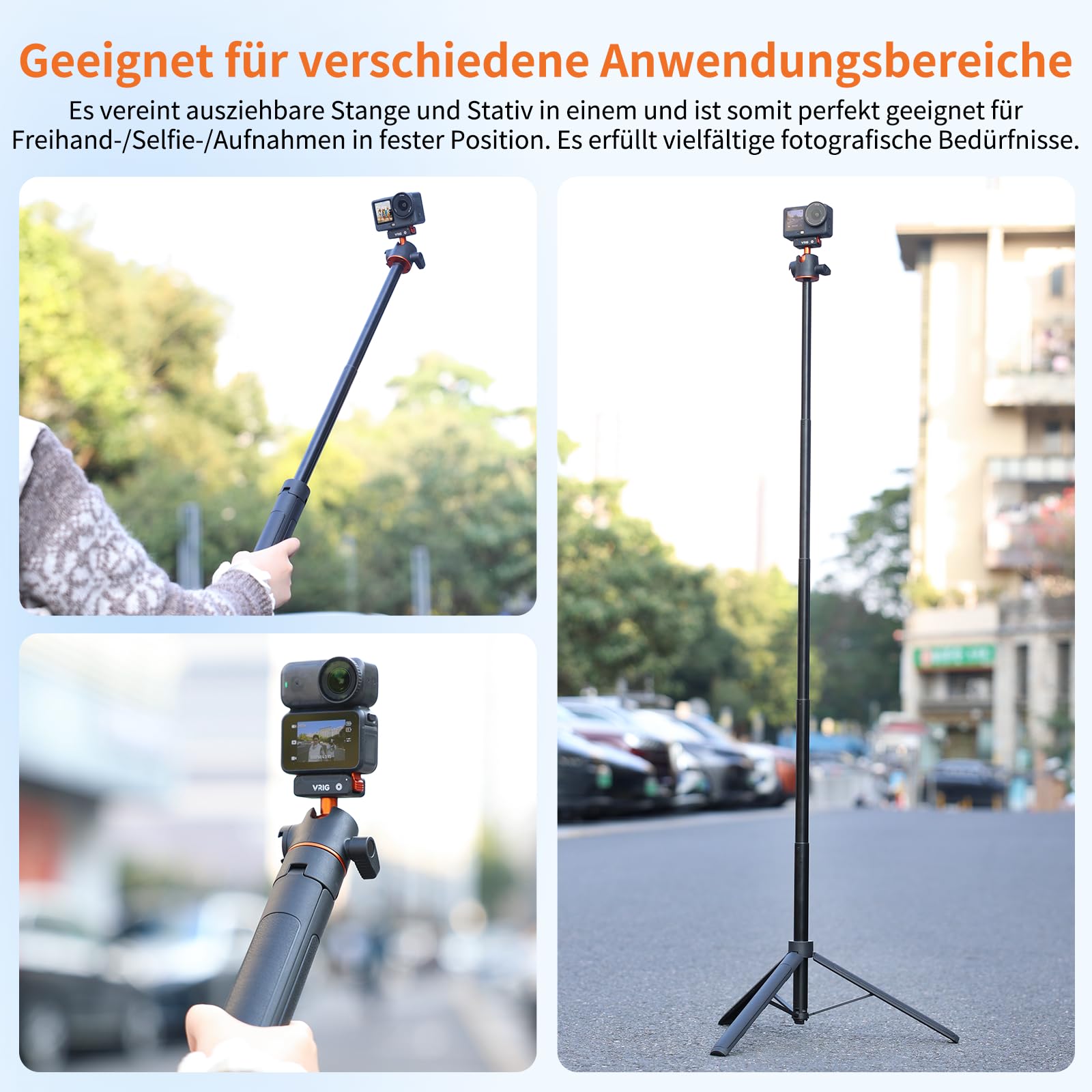 VRIG 140 cm Action Kamera Selfie Stick Stativ für DJI Osmo Nano/Action 6, Zweiwege-Magnetanziehung Schnellwechselhalterung, Ausziehbare Stange, Länge 33 bis 140 Zentimeter, AC-71