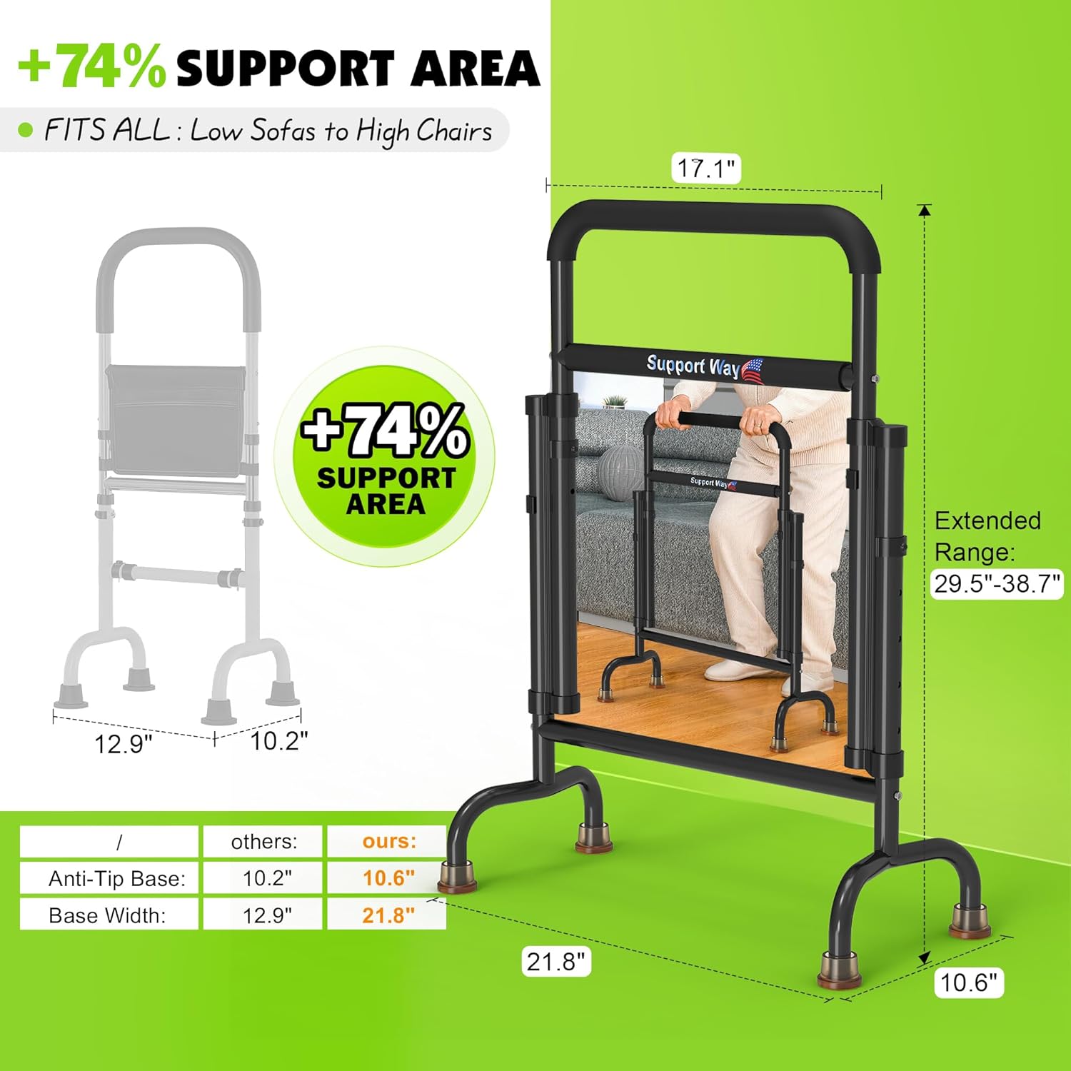 Stand Assist for Chair & Couch – Reinforced Dual-Tube Design, Height Adjustable Mobility Aid for Seniors, Lightweight Metal Frame with 600lb Capacity