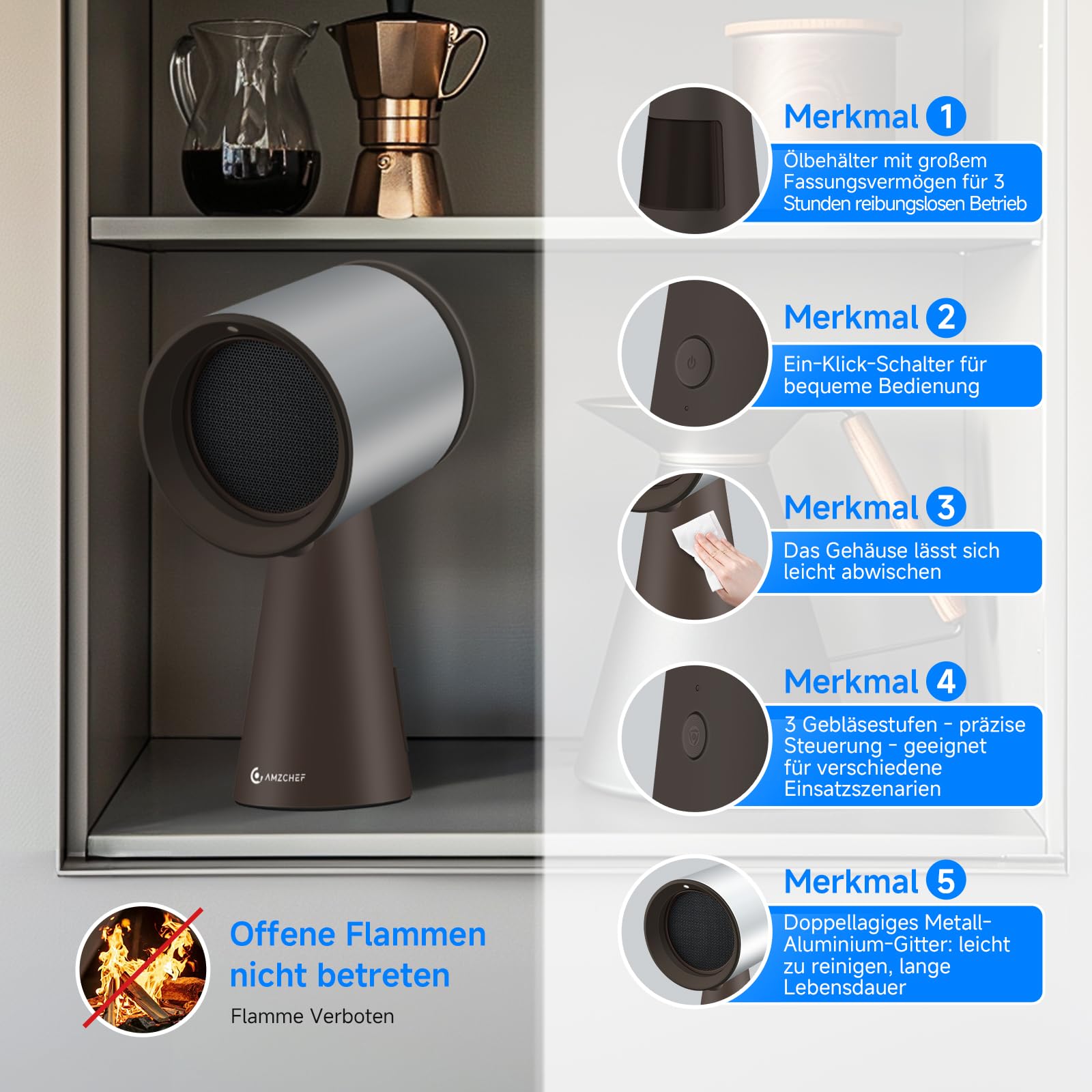AMZCHEF Mobile Dunstabzugshaube, Tragbare Abzugshaube Keine Installation mit 3 Geschwindigkeitsmodi und Mehrere Filtersysteme, LED-Licht, Große Öl-Auffangschale, Geräuscharmut(Braun) - 5